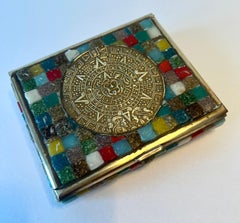 Salvador Teran Mosaik Mexikanisch Messing und Fliesen-Box mit Azteken-Medaillon