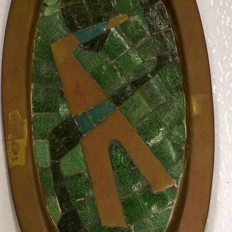 Salvador Teran Wall Art Mosaic Tile Tray Brass & Jade Green Stone 1960s Mexico In Good Condition In Chula Vista, CA