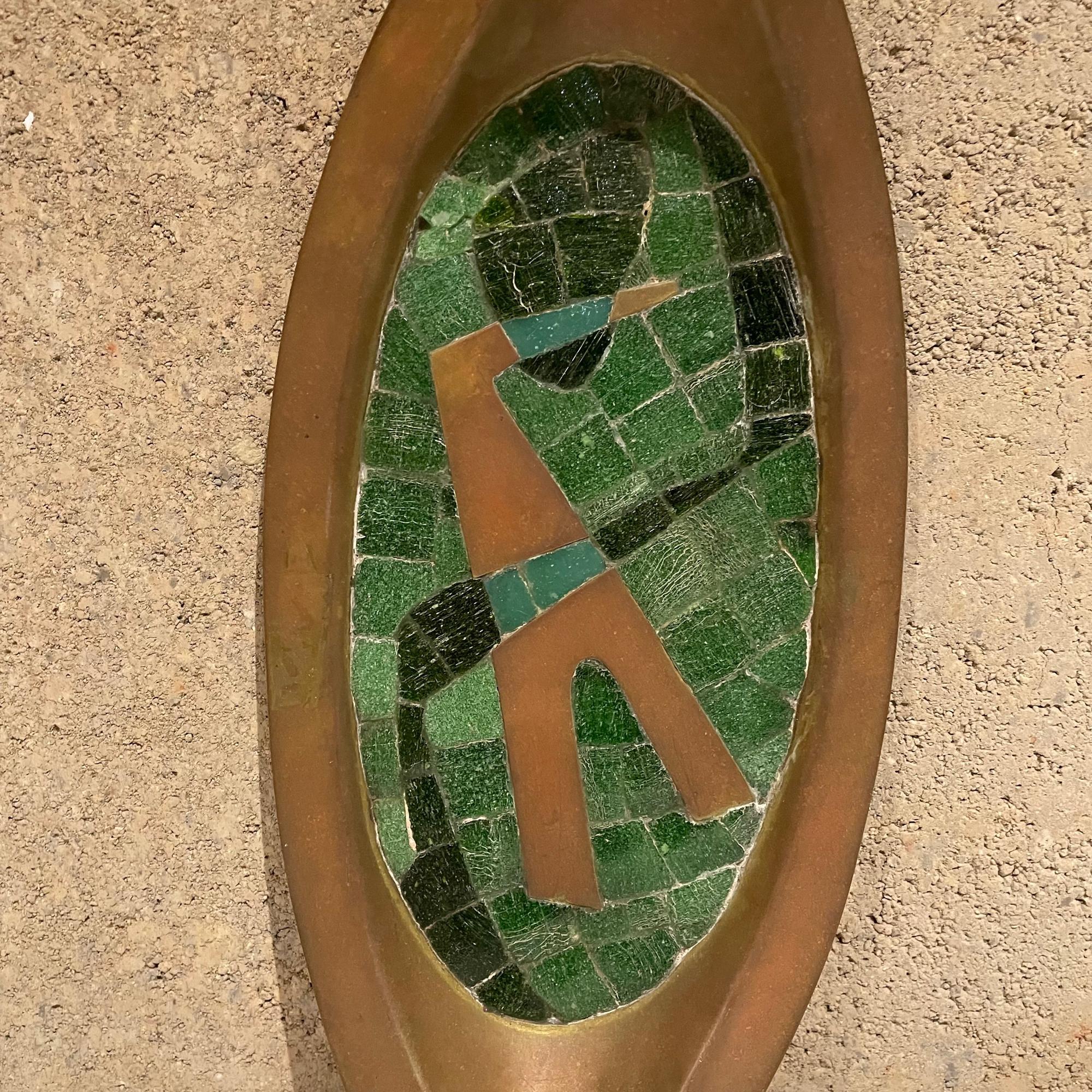 Mid-Century Modern Salvador Teran Wall Art Mosaic Tile Tray Brass & Jade Green Stone 1960s Mexico