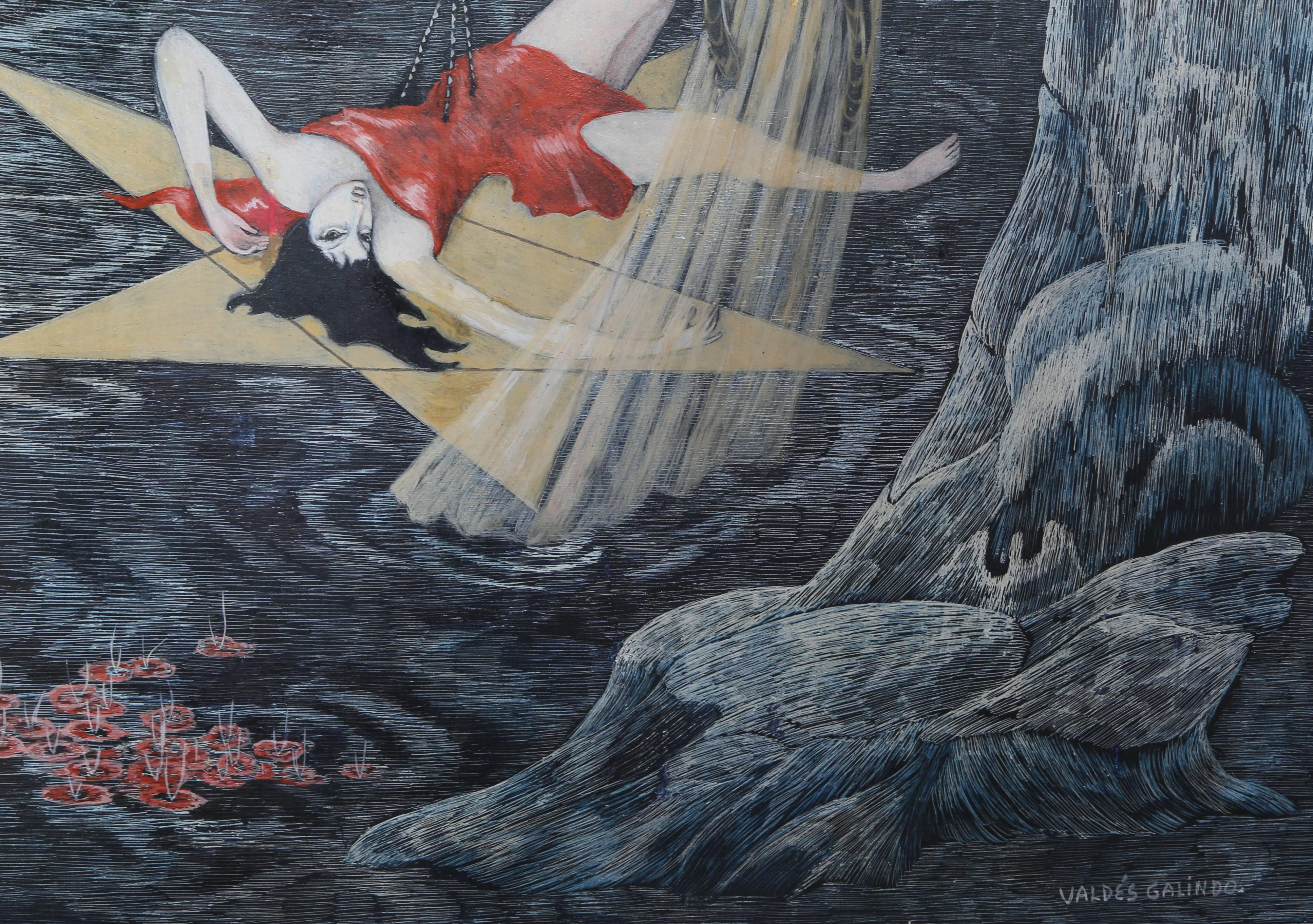 Damas, peinture Art déco encadrée de Salvador Valdes Galindo en vente 1