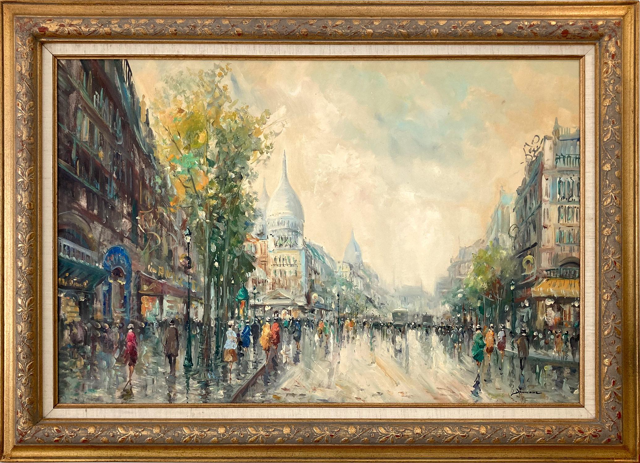 Salvadore Demone Figurative Painting - "Parisian Grands Boulevards" Post-Impressionist Street Scene Oil Painting Framed