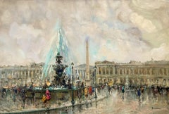 "Place de la Concorde, Pari" Post-Impressionist Street Scene Oil Painting Framed