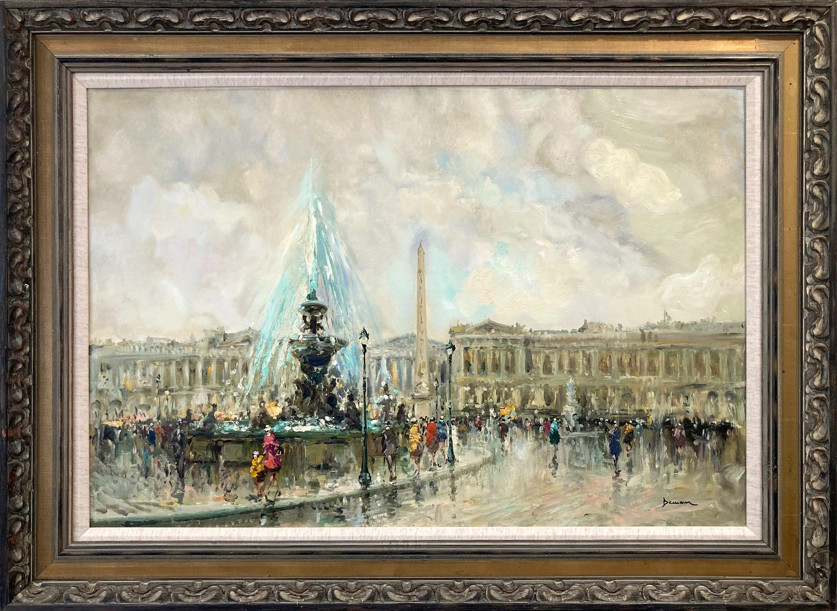 "Place de la Concorde, Pari" Post-Impressionist Street Scene Oil Painting Framed