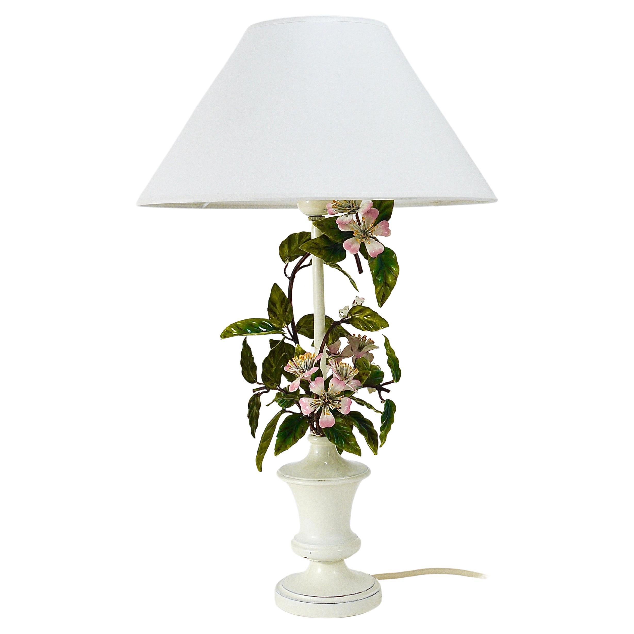 Salvadori Hand Painted Wild Apple Blossom Toleware Table Lamp, Italy, 1950s