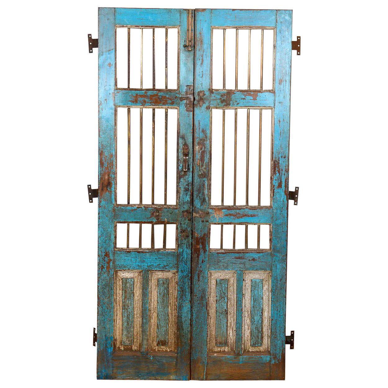 Salvaged Antique Blue Indian Jali Doors, 20th Century