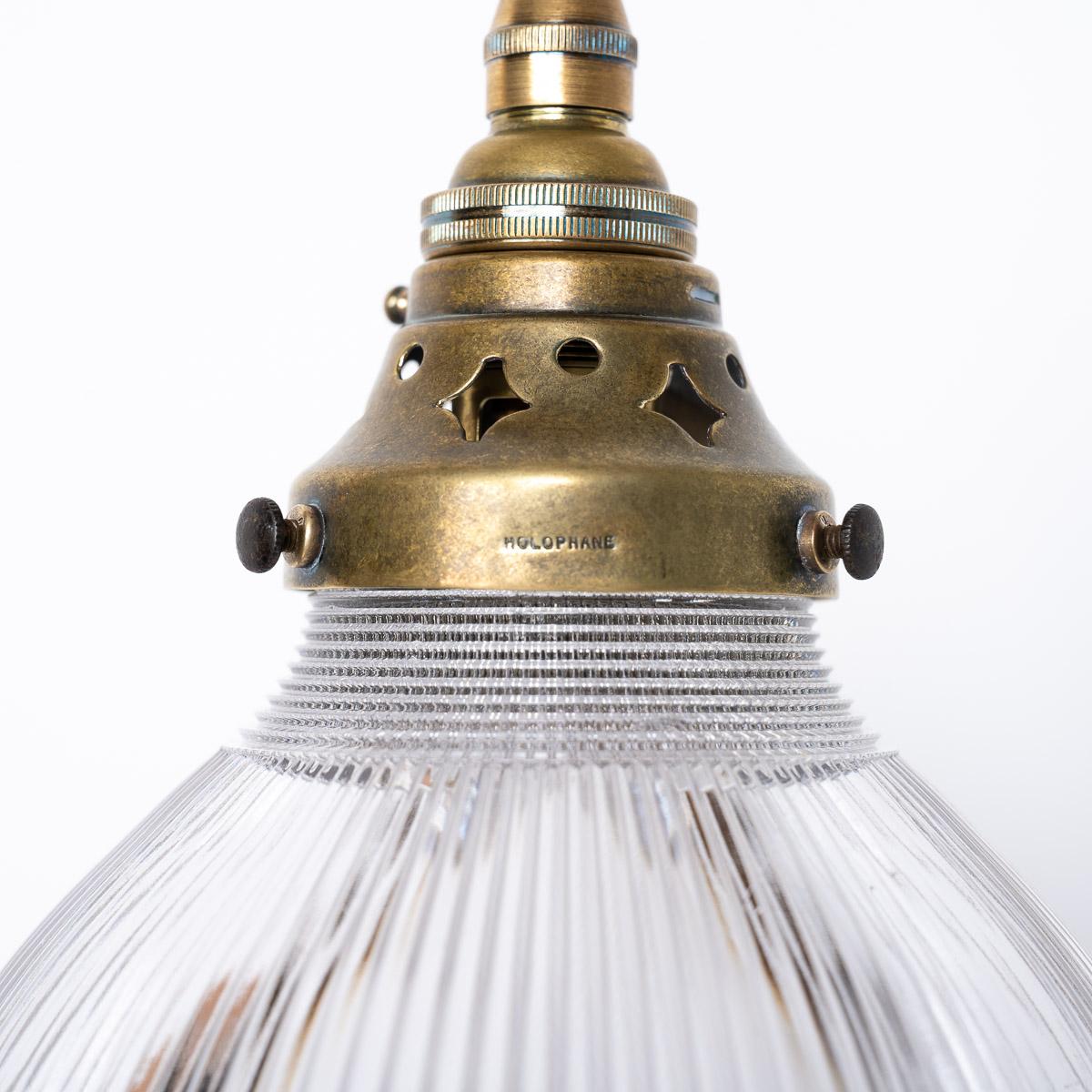 Brass Salvaged Antique Holophane 'B2' Small Decorative Prismatic Glass Pendant Light For Sale
