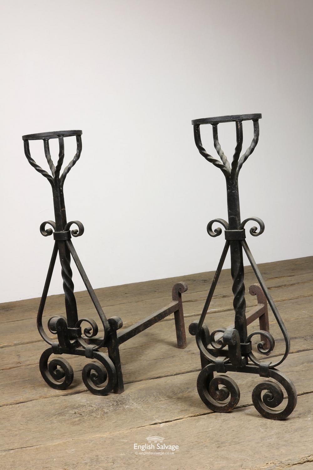 European Salvaged Barley Twist Wrought Fire Dogs, 20th Century For Sale