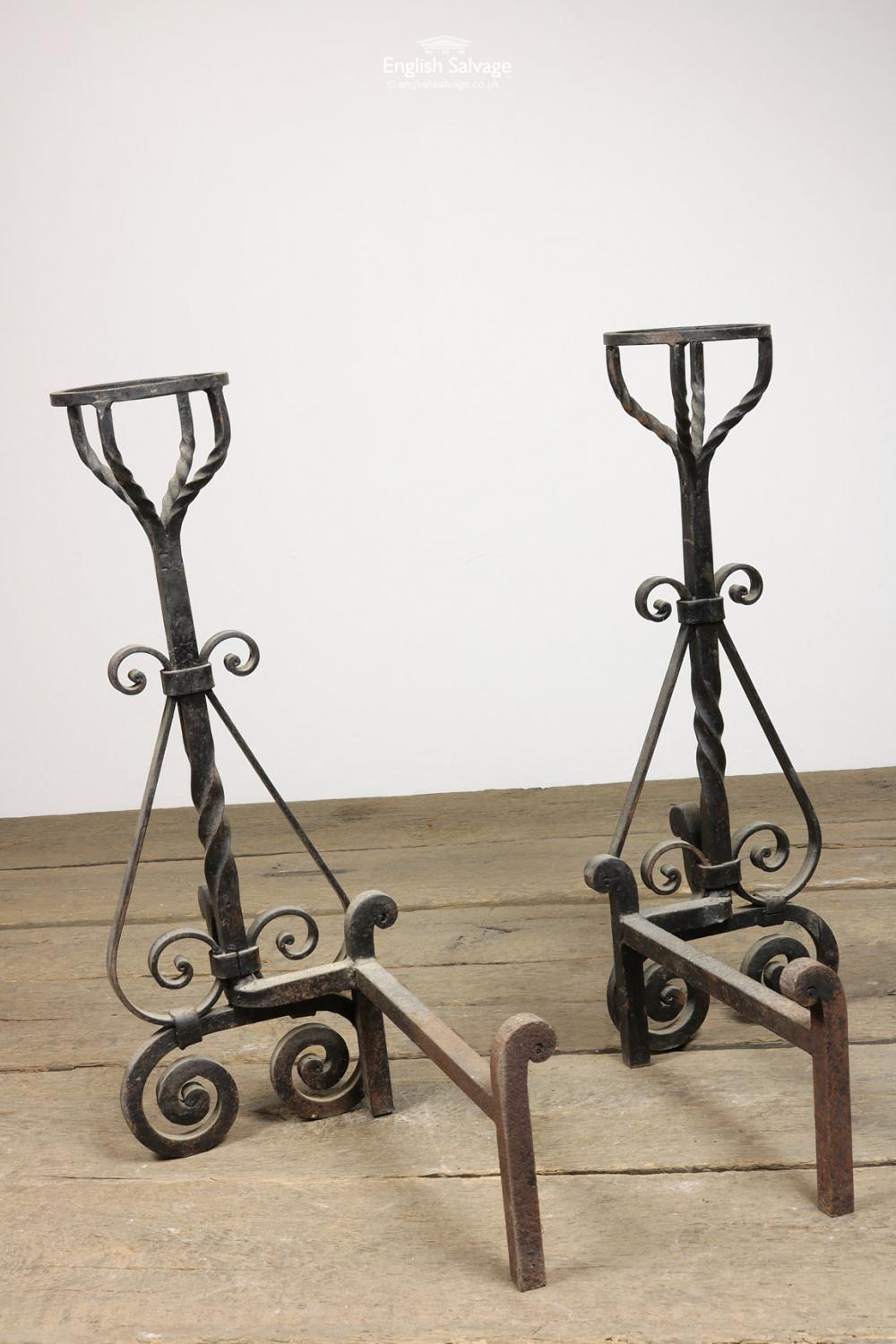 Salvaged Barley Twist Wrought Fire Dogs, 20th Century In Good Condition For Sale In London, GB