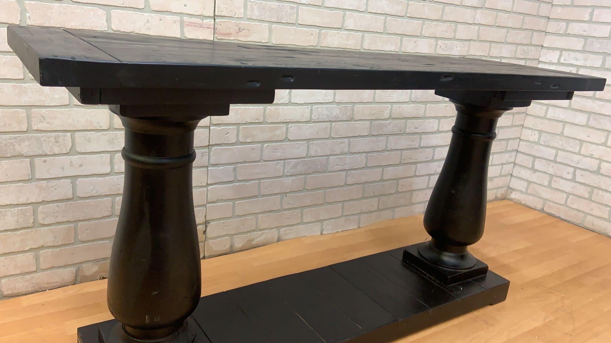 Rustic Salvaged Ebony Console Table by Restoration Hardware w/ Balustrade Legs For Sale