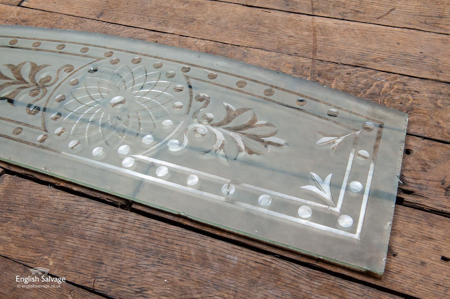European Salvaged Etched Glass Panel with Arched Top, 20th Century For Sale