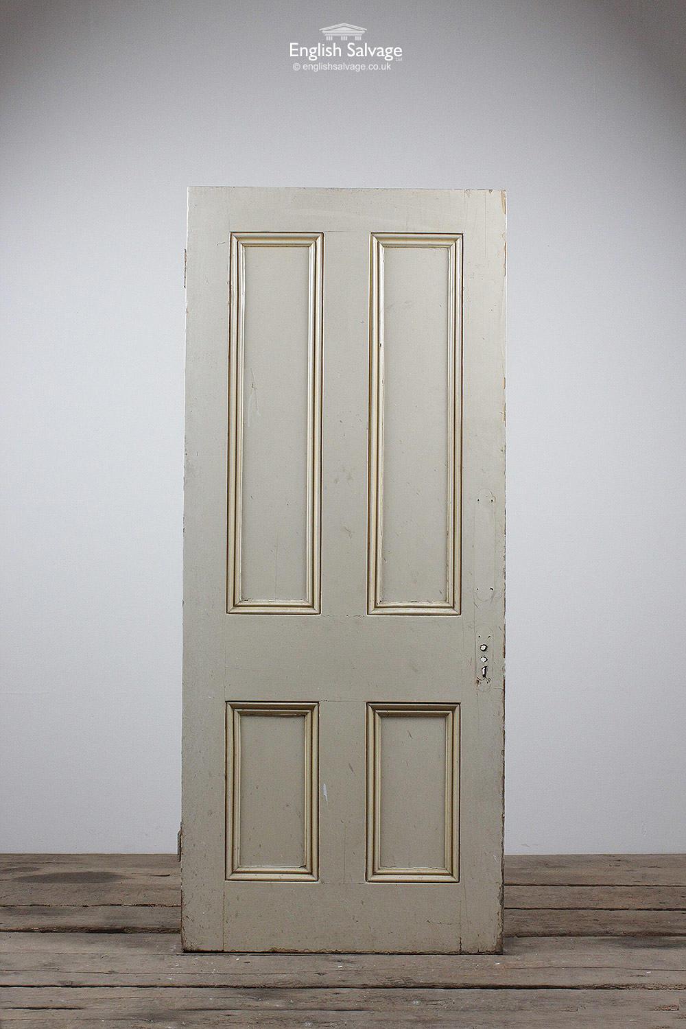 Painted pine four panel Victorian door. Beaded both sides. Old fitting holes, hinges.