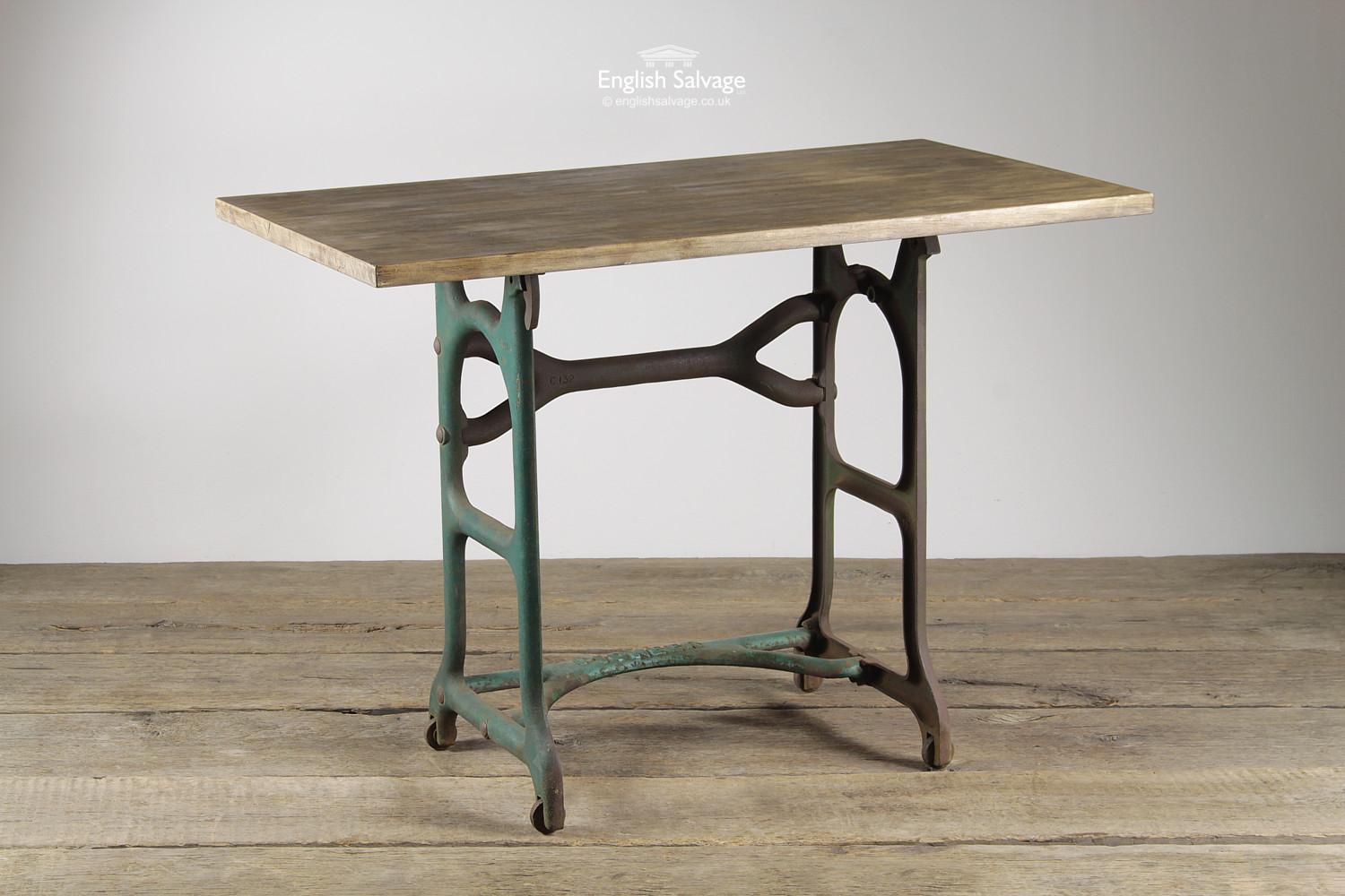 European Salvaged Industrial Base Wheeled Wooden Table, 20th Century For Sale