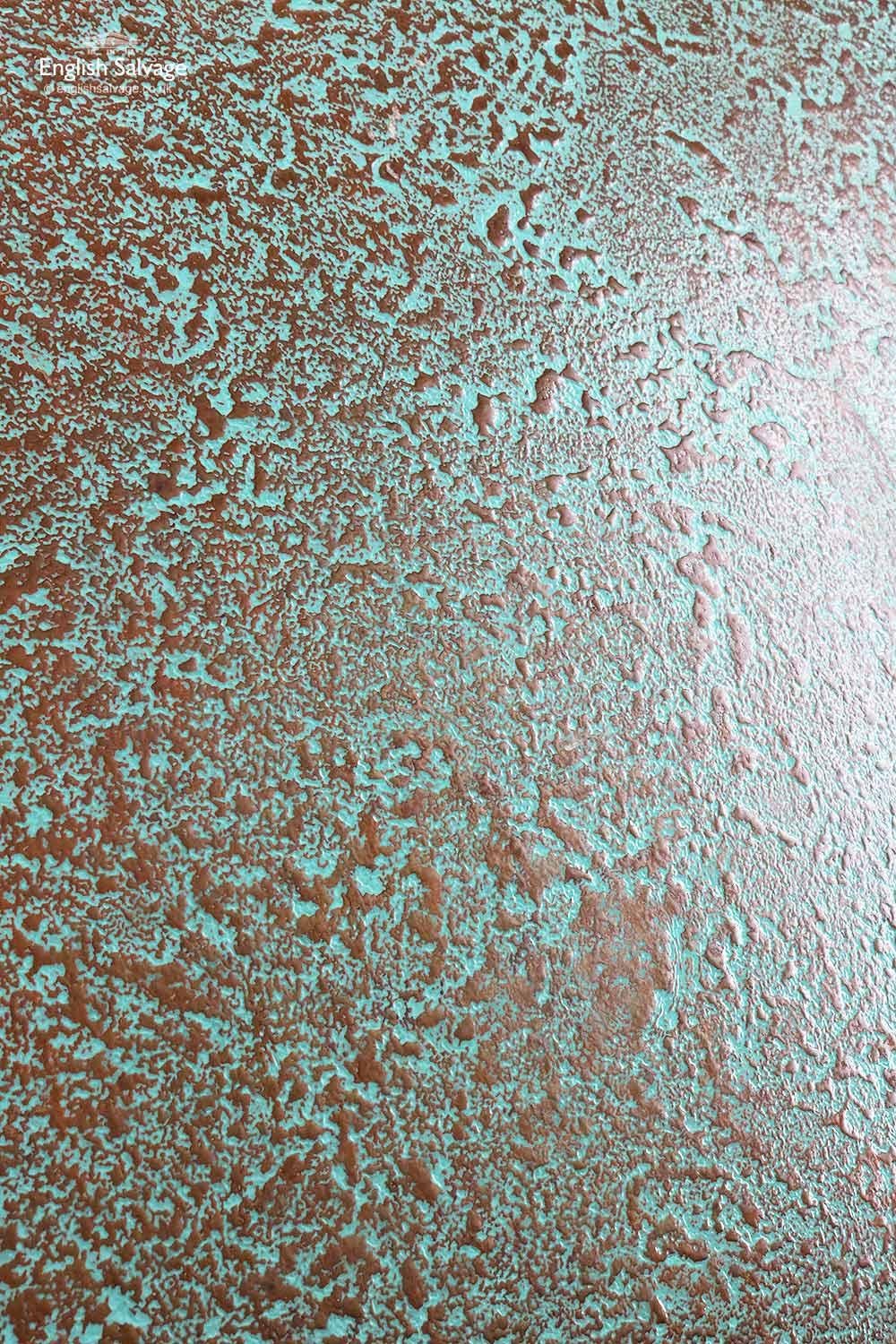 Reclaimed composite wood panels with a patinated copper finish and metal banding to edges. The panels are made from a composite wood and then have a sheet of patinated copper bonded to the front. These would make unique wall panelling. We have 9