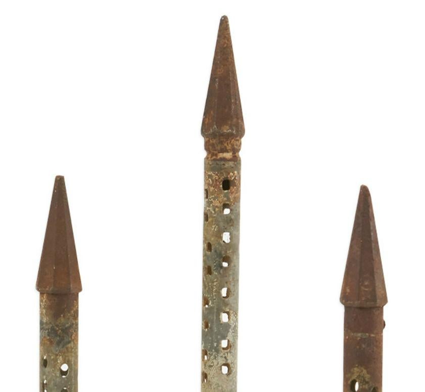 Gorgeous trio of aged steel water drill bits. Mounted on blackened steel stands. 

Measures: 6” x 6” bases

42” and 35” tall.