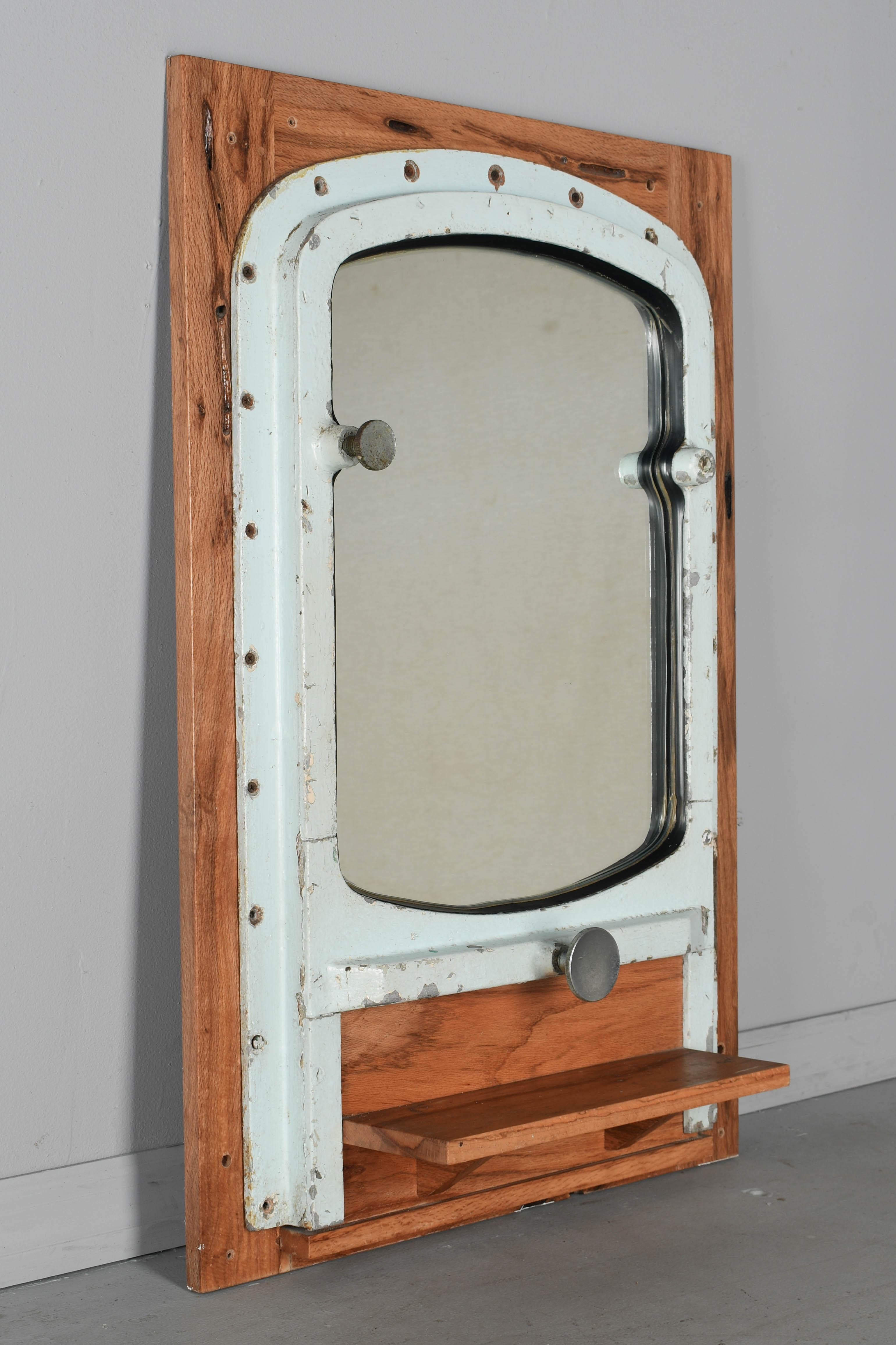 Industrial Salvaged Ship Portal Wall Mirror with Shelf For Sale