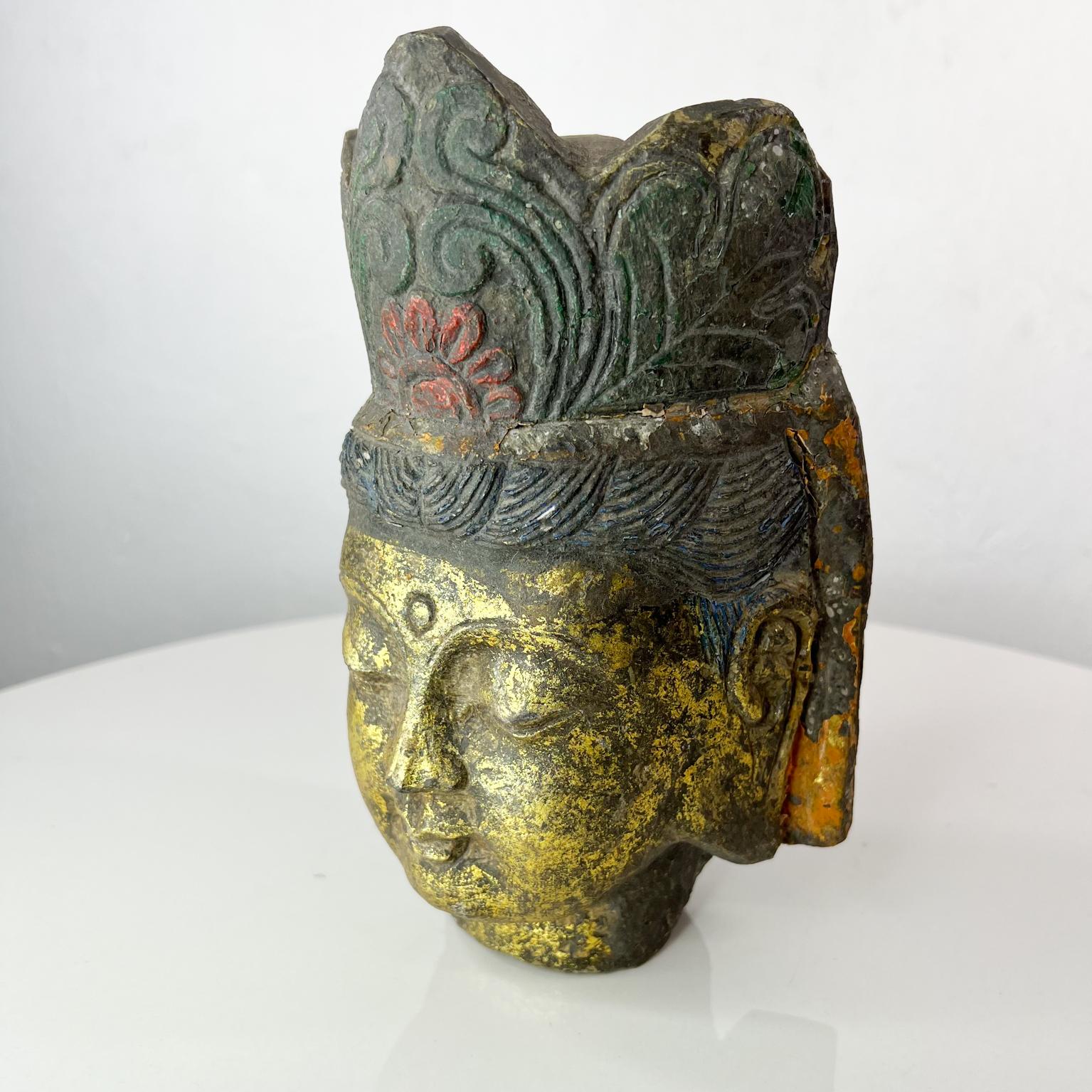 Salvaged Stone Beautiful Golden Buddha Head Sculpture Ornately Carved Crown 5