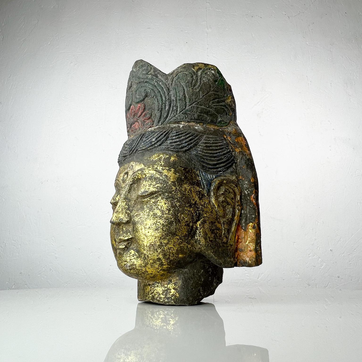 Salvaged Stone Beautiful Golden Buddha Head Sculpture Ornately Carved Crown 8