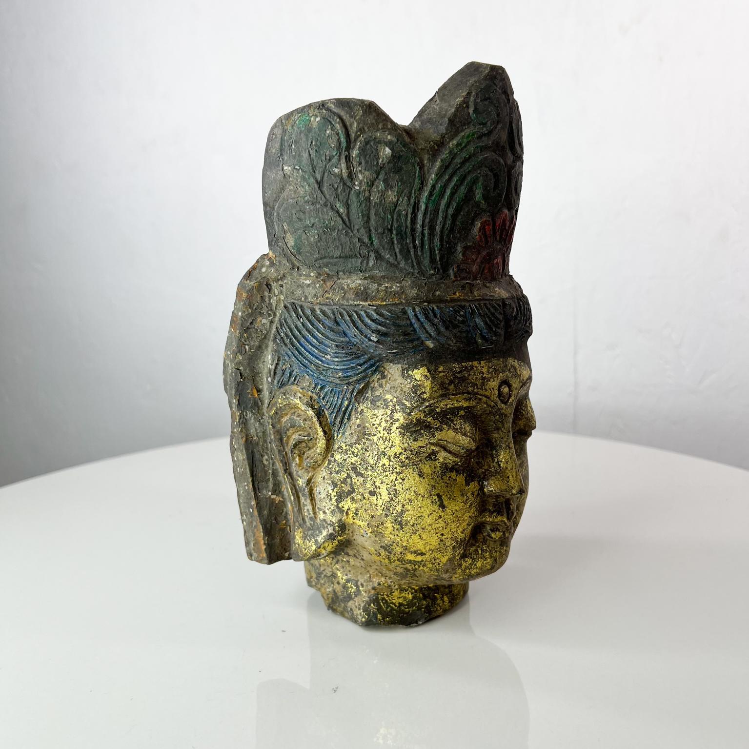 Salvaged Stone Beautiful Golden Buddha Head Sculpture Ornately Carved Crown In Good Condition In Chula Vista, CA