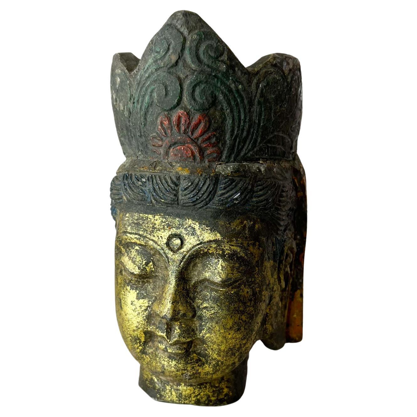 Salvaged Stone Beautiful Golden Buddha Head Sculpture Ornately Carved Crown