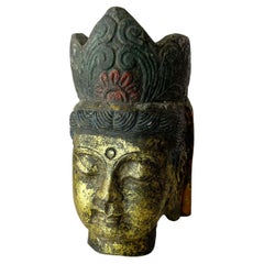 Salvaged Stone Beautiful Golden Buddha Head Sculpture Ornately Carved Crown