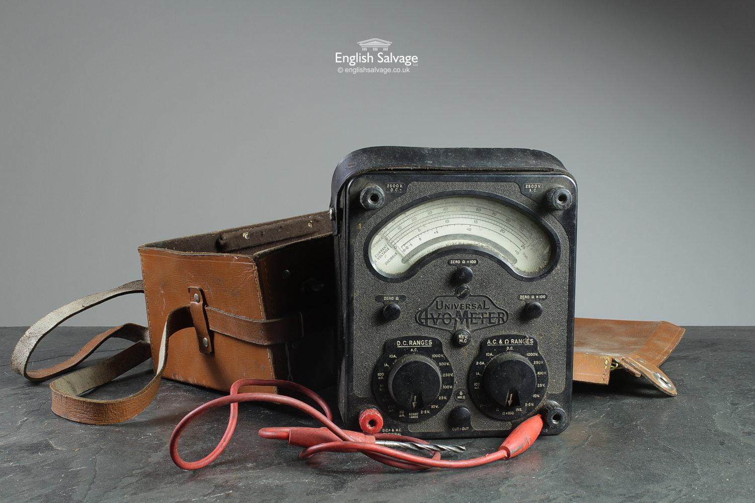 Reclaimed vintage Universal Avometer in a tan leather case with a carry handle. A great industrial item with old working instructions present to the rear. 

Dimensions listed on the main page refer to the carry case, the meter itself measures: