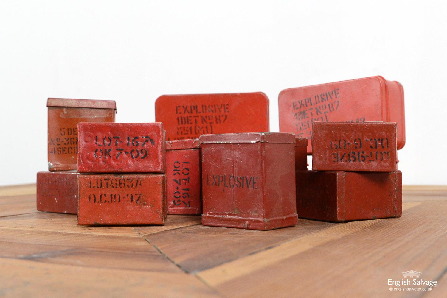 European Salvaged Vintage Red Explosive Tins, 20th Century For Sale