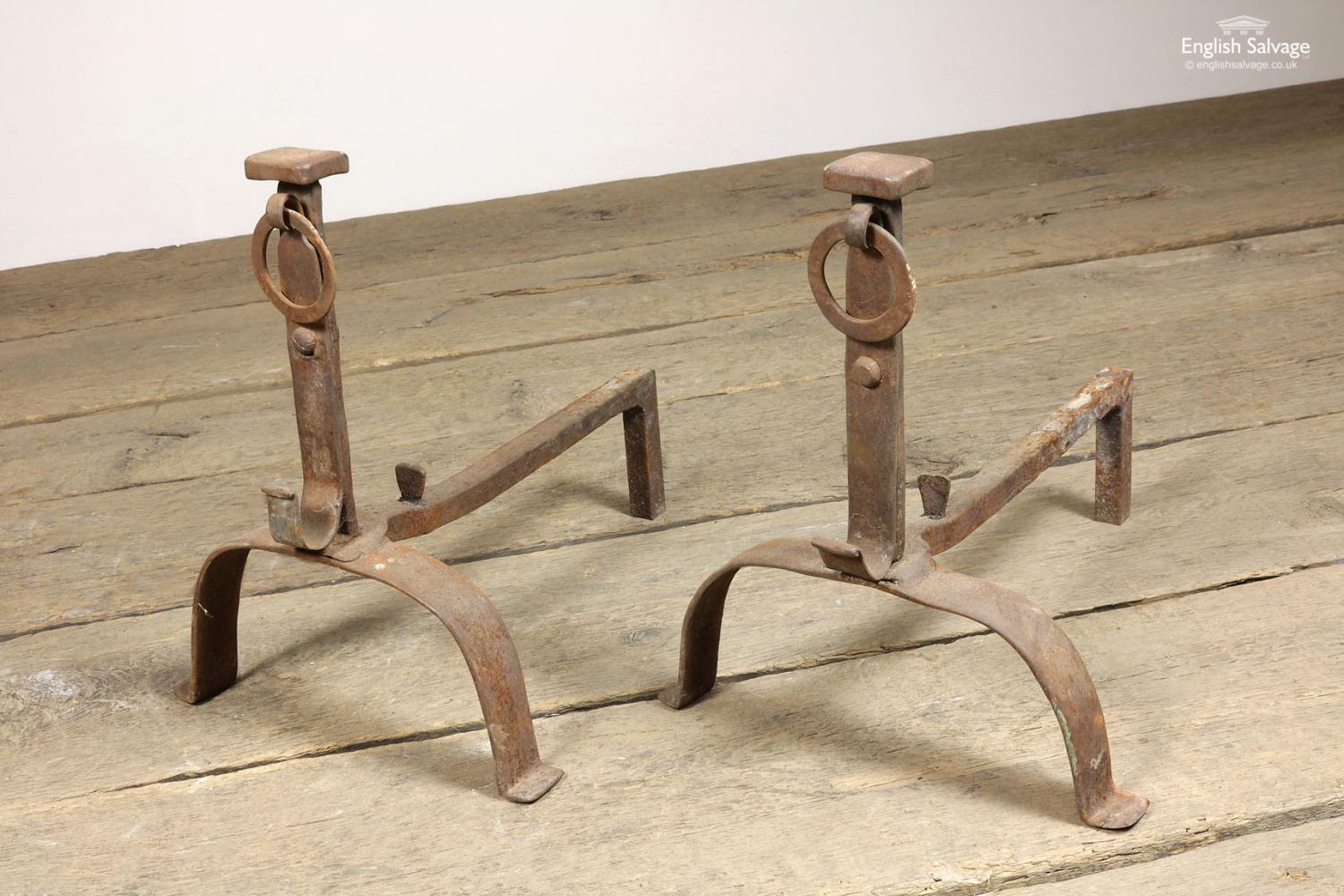 European Salvaged Wrought Iron Ring Fire Dogs, 20th Century For Sale