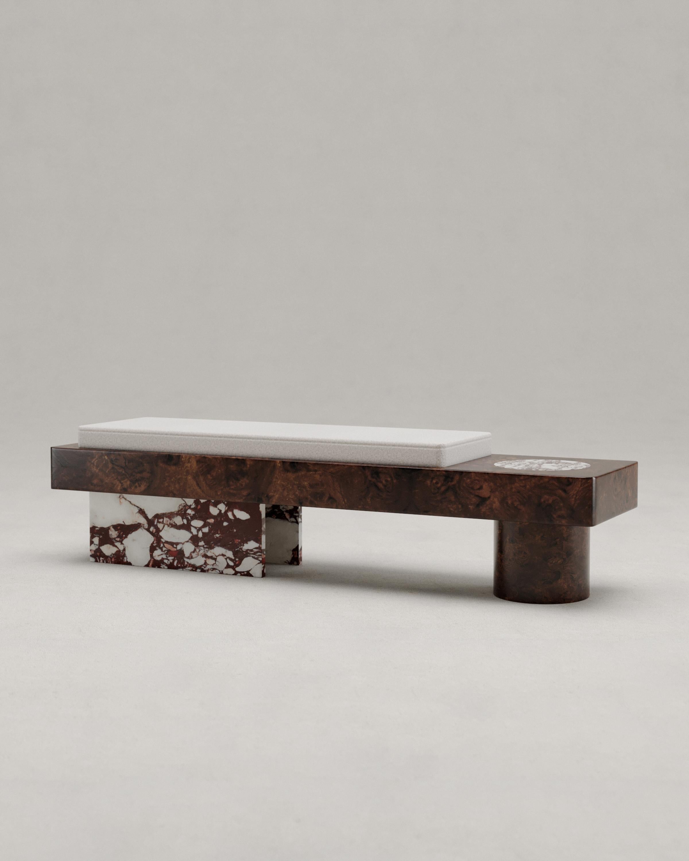 Salvante BS1 Bench by Piotr Dąbrowa
Unique Piece
Dimensions: W 160 x D 40 x H 40 cm
Materials: Calacatta Viola marble, walnut burl.
Also available: Calacatta marble, Rosa Peralba marble.

Salvante collection is a play between shapes, materials &