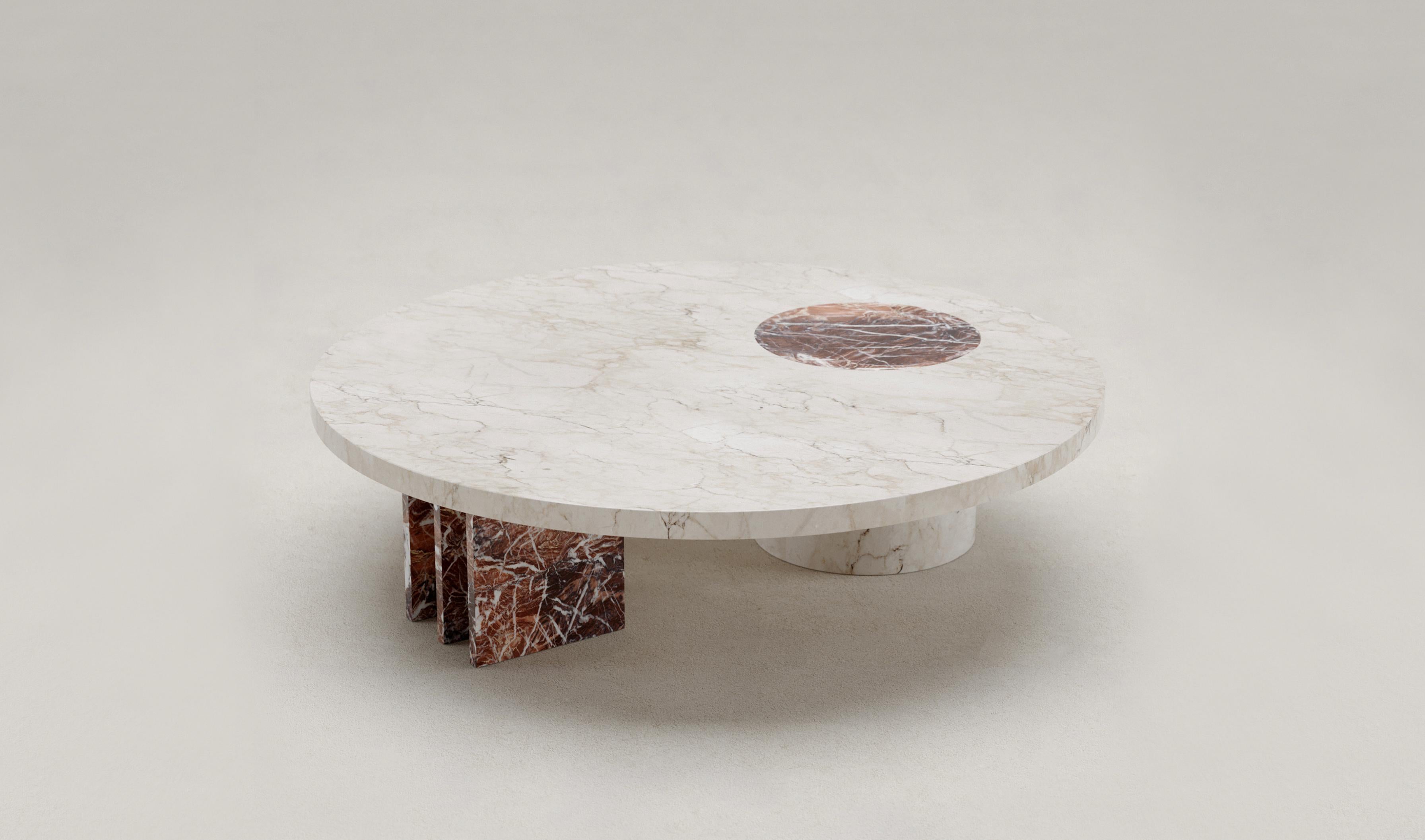 Salvante C1 coffee table by Piotr Dabrowa
Unique Piece
Dimensions: D 120 x H 34 cm
Materials: Calacata marble, Rosa Peralba marble.
Also available: Calacatta Viola marble, walnut burl marble.

Salvante coffee table is a play between shapes &