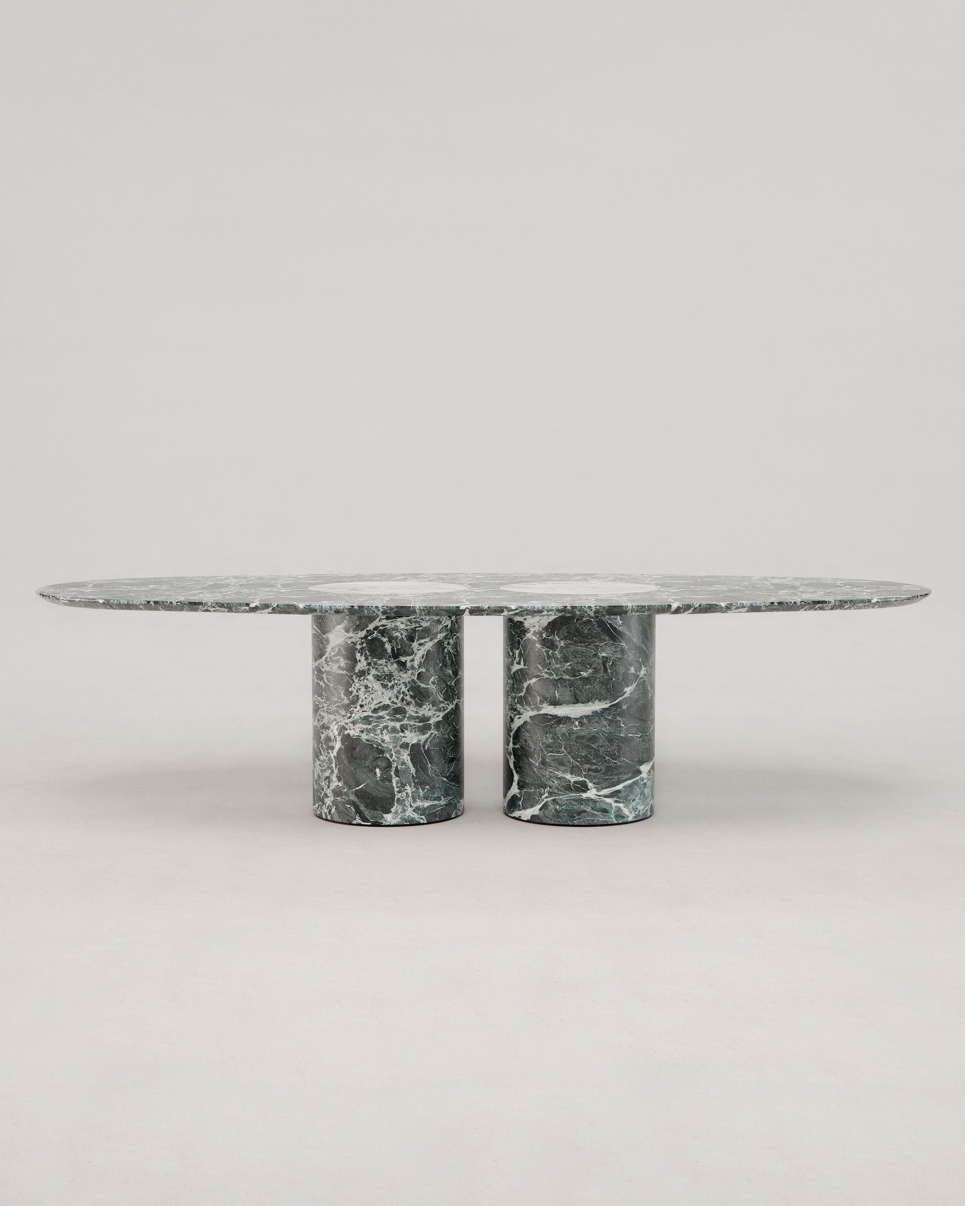 Salvante D1 dining table, Bianco Namibia Marble by Piotr Dabrowa
Unique Piece
Dimensions: W 280 cm x D 130 cm x H 74 cm.
Materials: Verde Alpi and Bianco Namibia marbles.
Also available in: Verde Alpi, Crema Tirreno marble and Nero Calatorao,