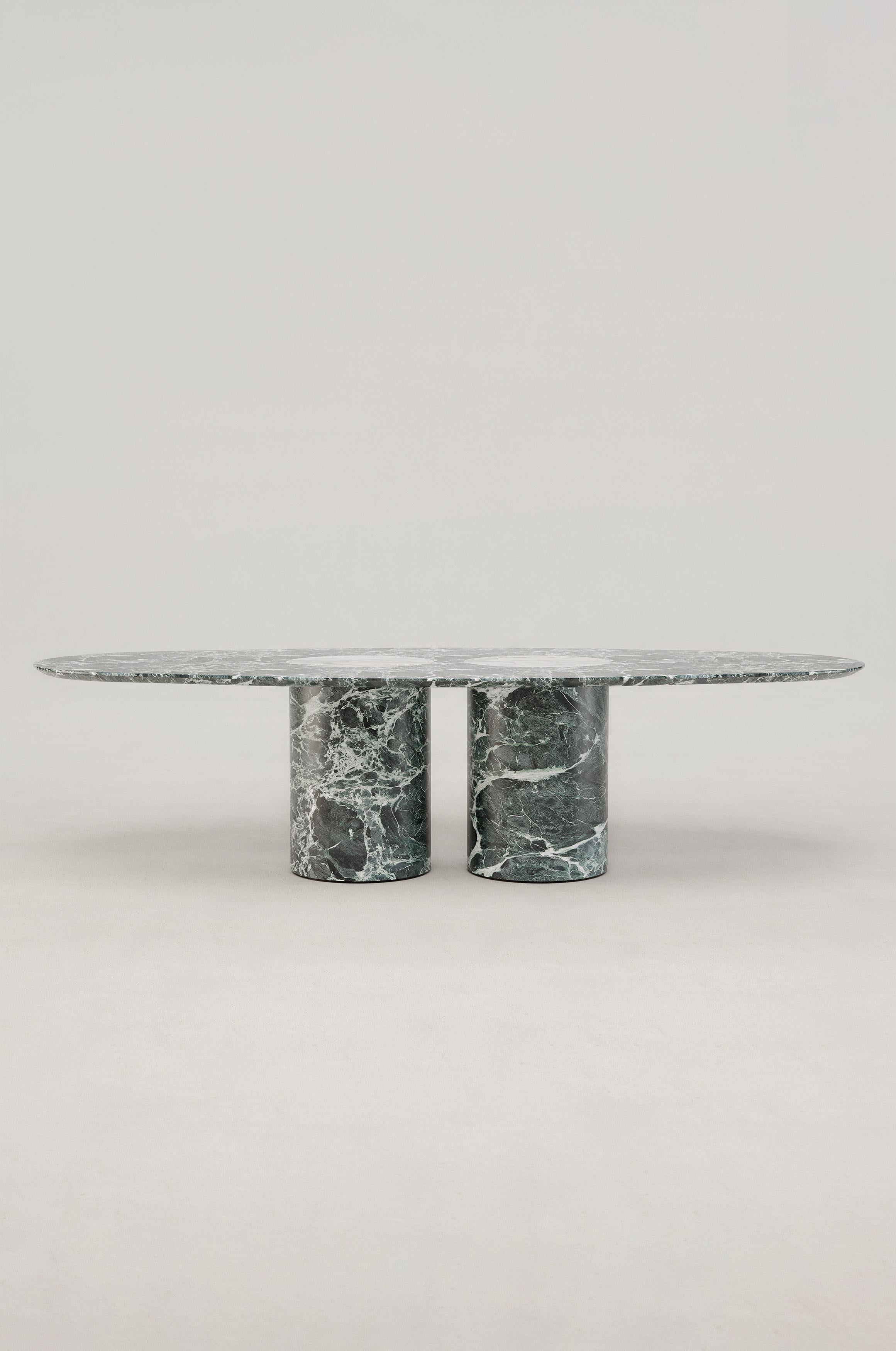 Salvante D1 dining table, Crema Tirreno marble by Piotr Dabrowa
Unique piece
Dimensions: W 280 cm x D 130 cm x H 74 cm.
Materials: Verde Alpi and Crema Tirreno marbles.
Also available in: Verde Alpi, Bianco Namibia marble and Nero Calatorao,