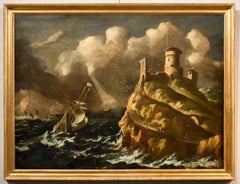 Stormy Sea Sailing Ship Castle Rosa Paint Oil on canvas Old master 17th Century