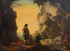 Fine 17th Century Italian Old Master Oil Pastoral Scene with Shepherds at Dusk