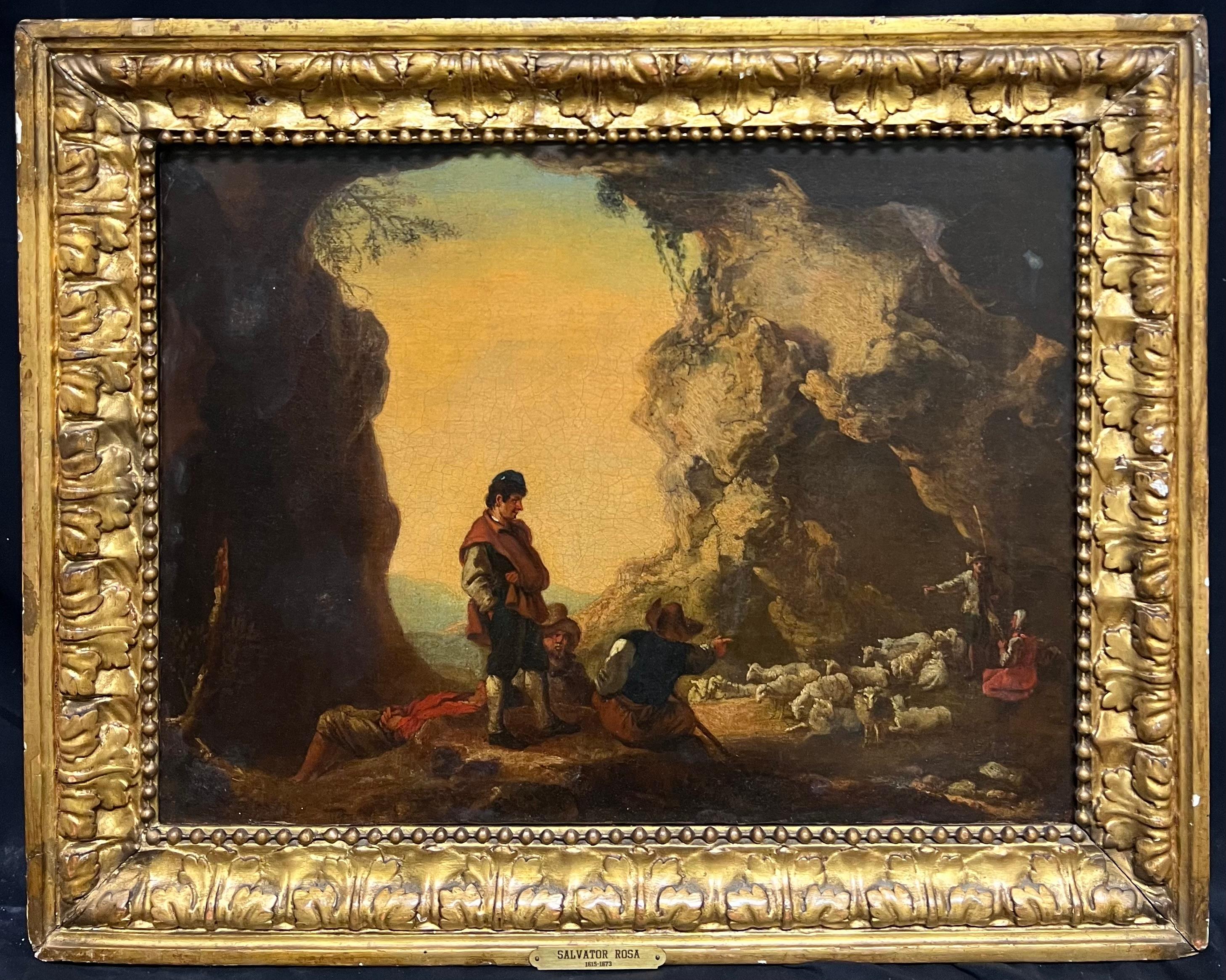 Raffinata scena pastorale con pastori al crepuscolo, olio antico italiano del XVII secolo