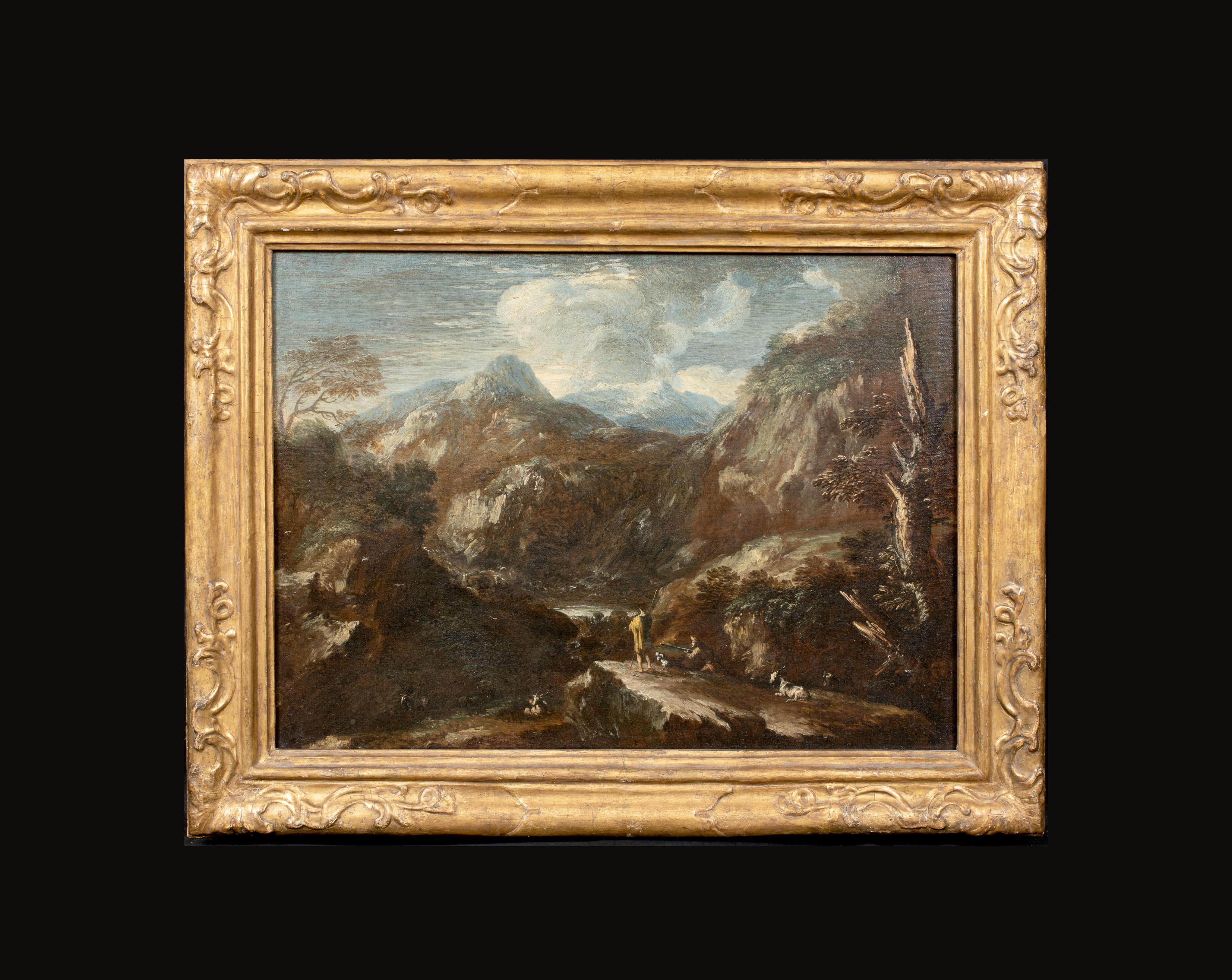 Hunters In An Extensive Mountain Landscape, 17. Jahrhundert – Painting von Salvator Rosa