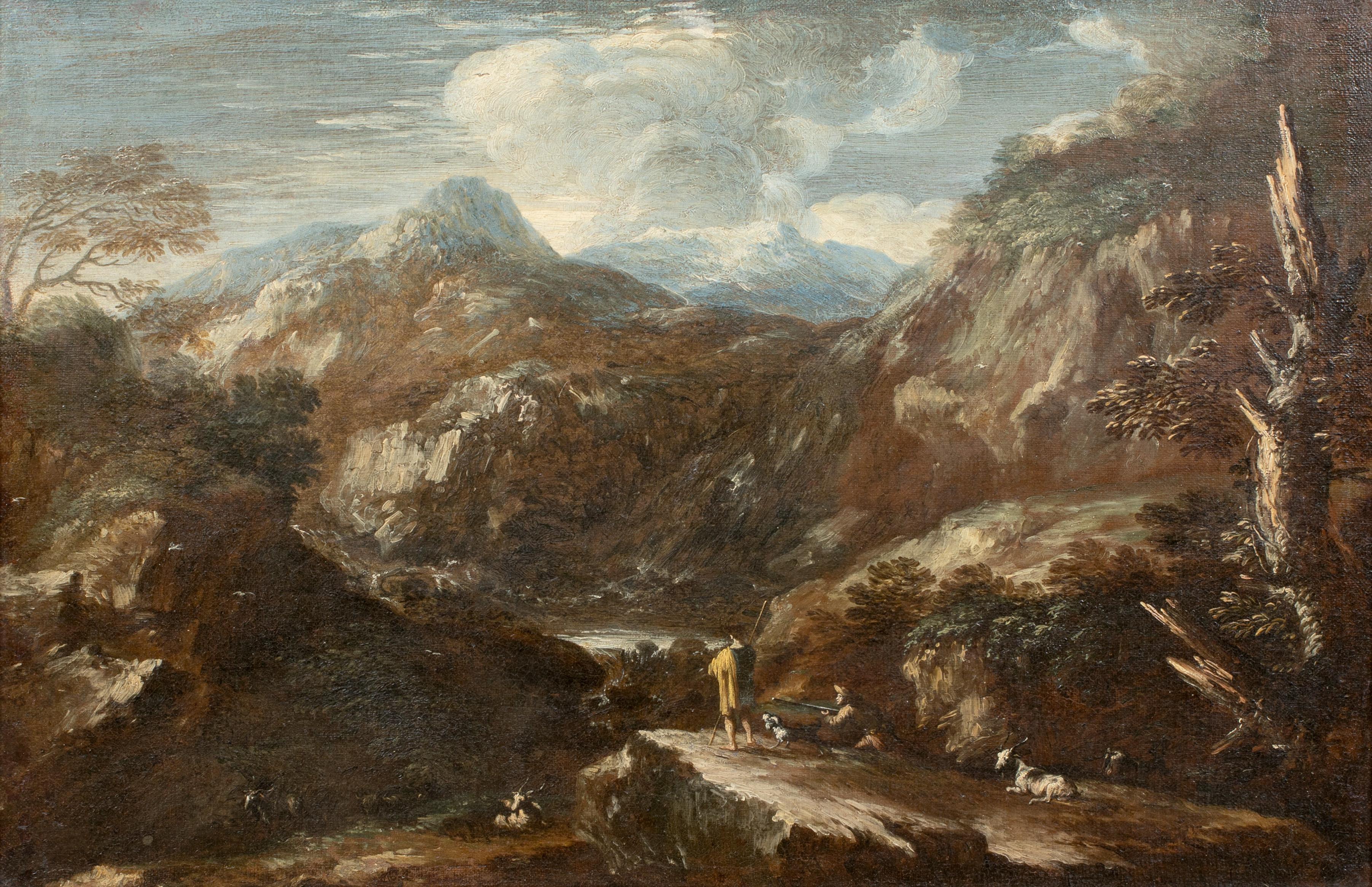Hunters In An Extensive Mountain Landscape, 17. Jahrhundert (Braun), Landscape Painting, von Salvator Rosa