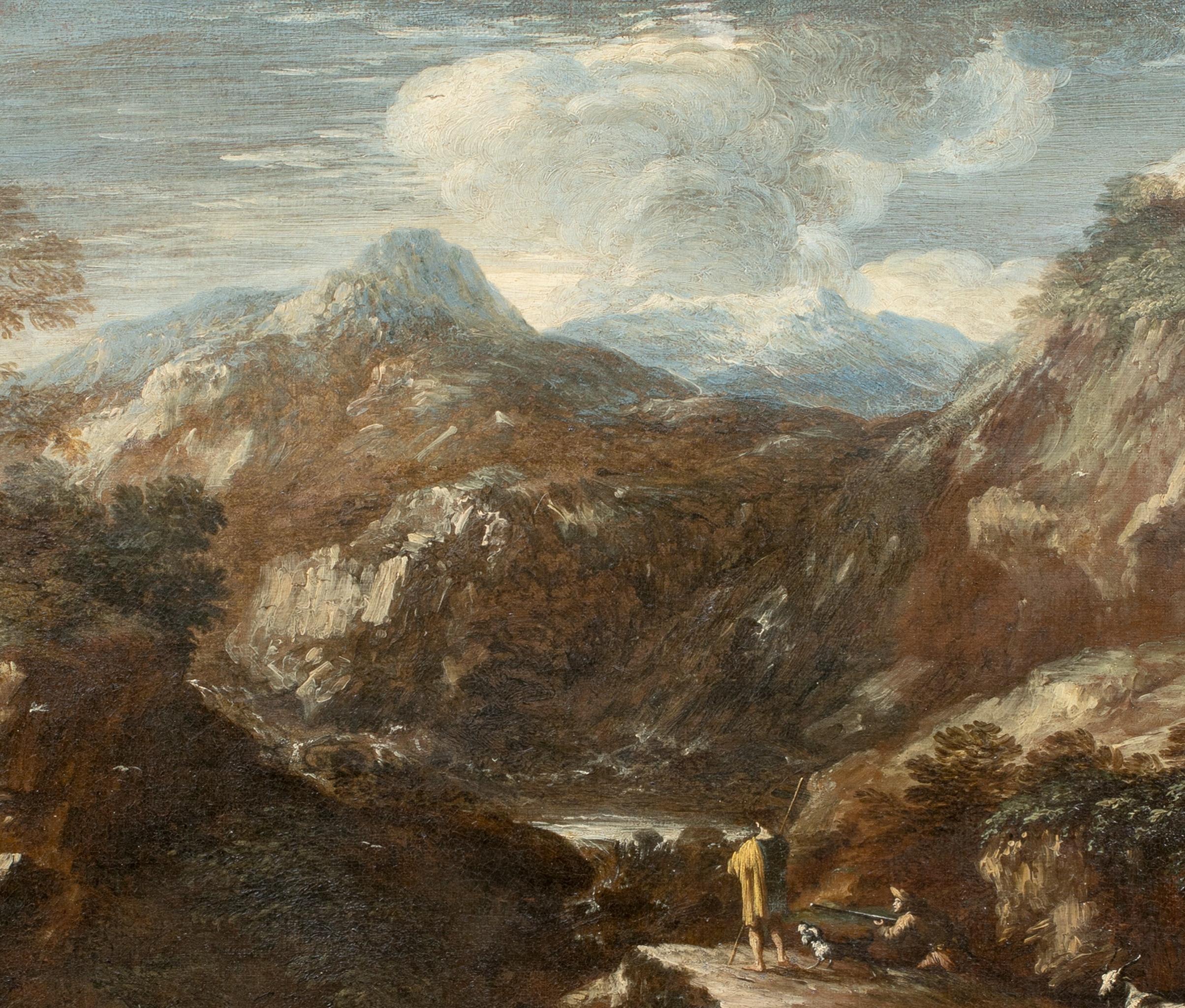 Jäger in einer ausgedehnten Berglandschaft, 17. Jahrhundert 

Schule von Salvator Rosa (1615-1673)

italienische Altmeisterlandschaft aus dem 17. Jahrhundert mit Jägern in den Rocky Mountains, Öl auf Leinwand. Hervorragende Qualität und Zustand um