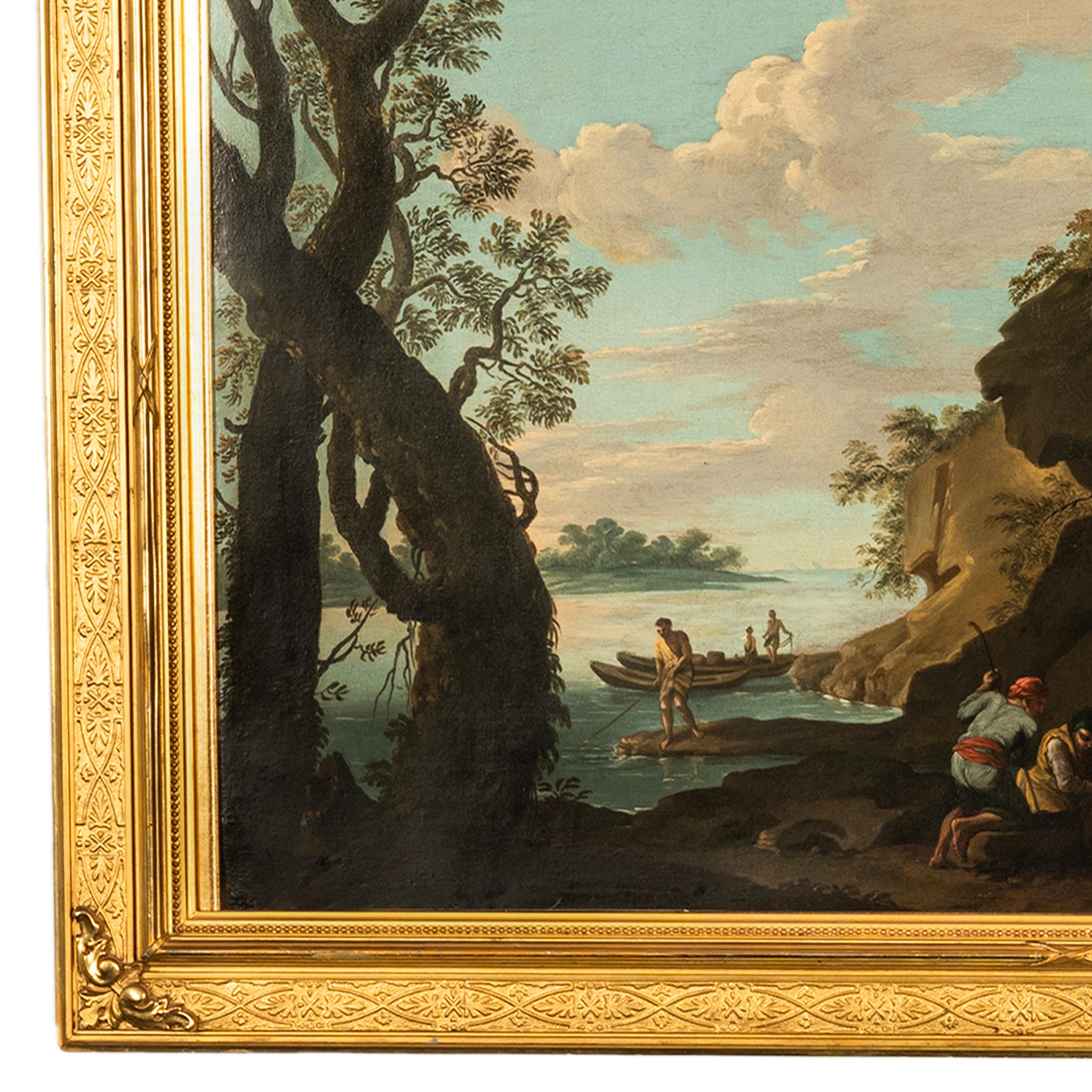 Óleo sobre lienzo italiano barroco del siglo XVII Paisaje costero Pescadores en venta 5