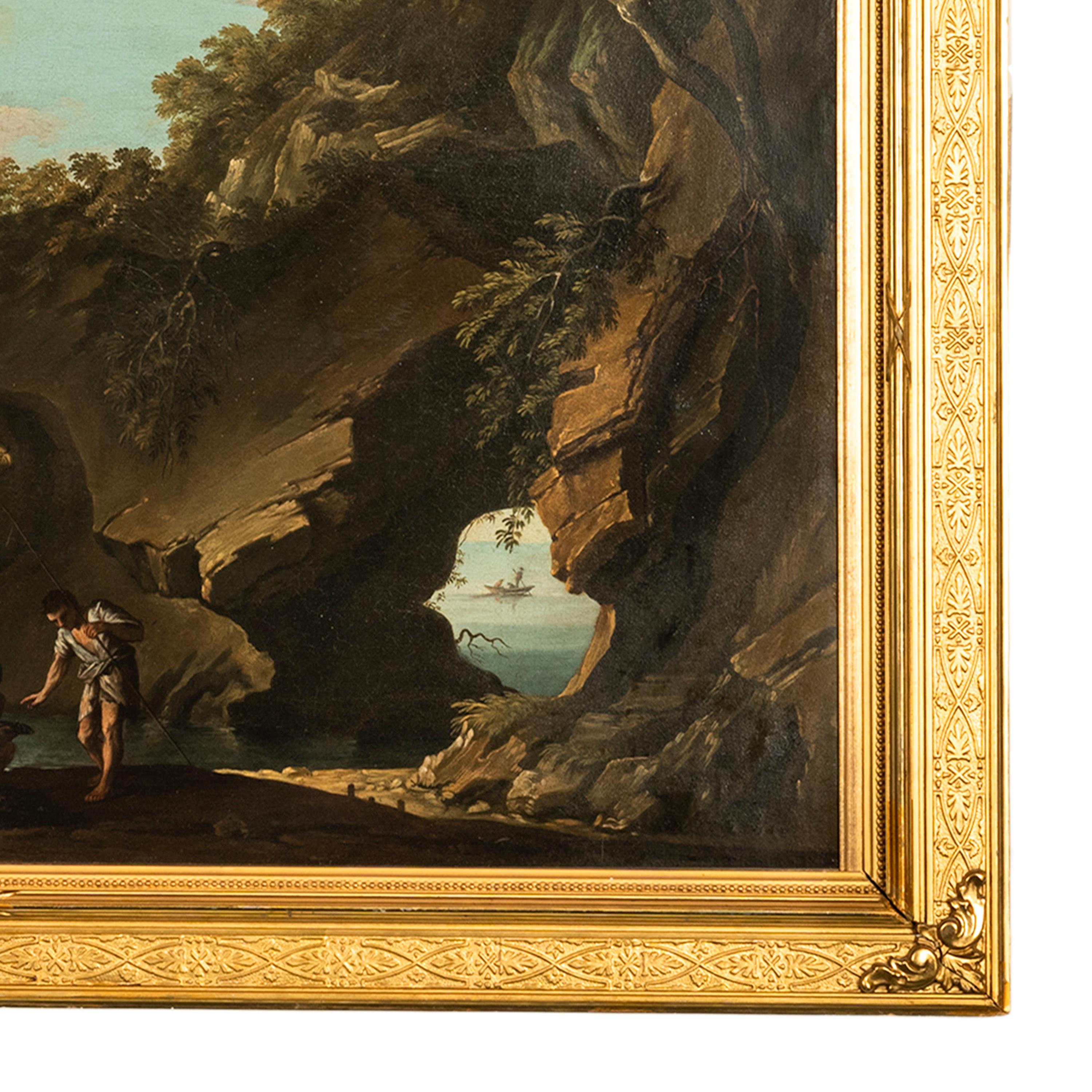 Óleo sobre lienzo italiano barroco del siglo XVII Paisaje costero Pescadores en venta 6
