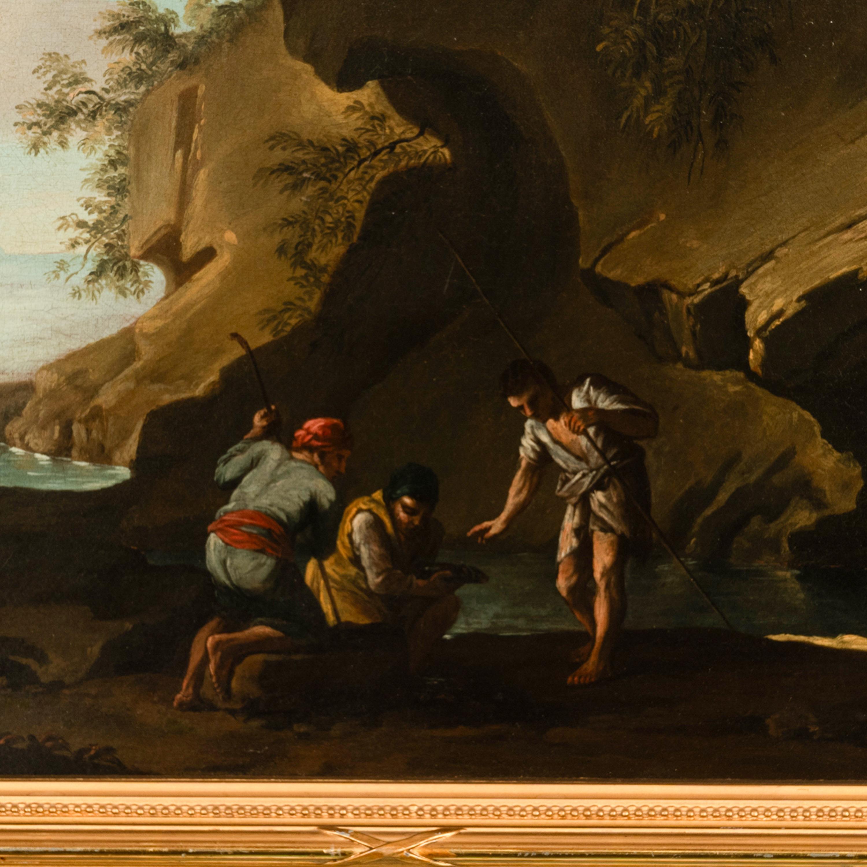 Óleo sobre lienzo italiano barroco del siglo XVII Paisaje costero Pescadores en venta 7