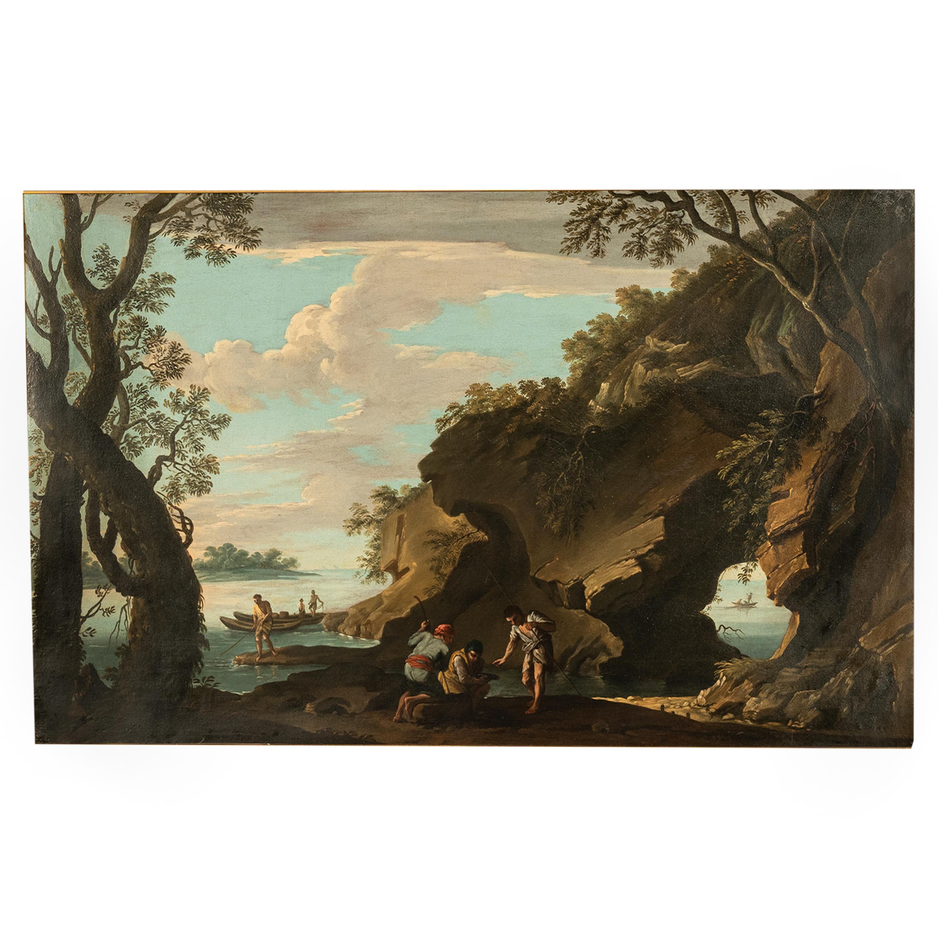 Óleo sobre lienzo italiano barroco del siglo XVII Paisaje costero Pescadores - Painting de Salvator Rosa
