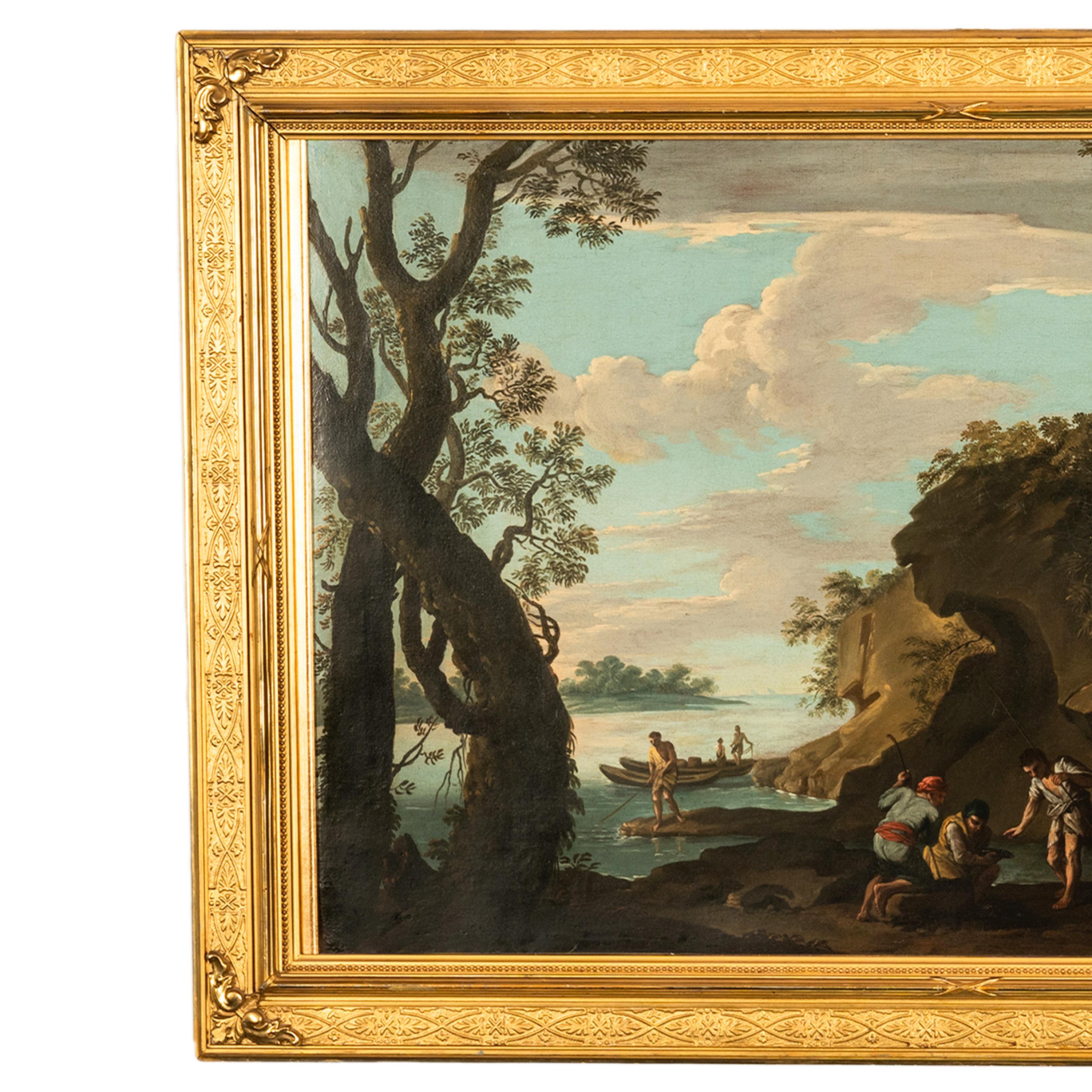 Óleo sobre lienzo italiano barroco del siglo XVII Paisaje costero Pescadores - Painting Escuela italiana de Salvator Rosa