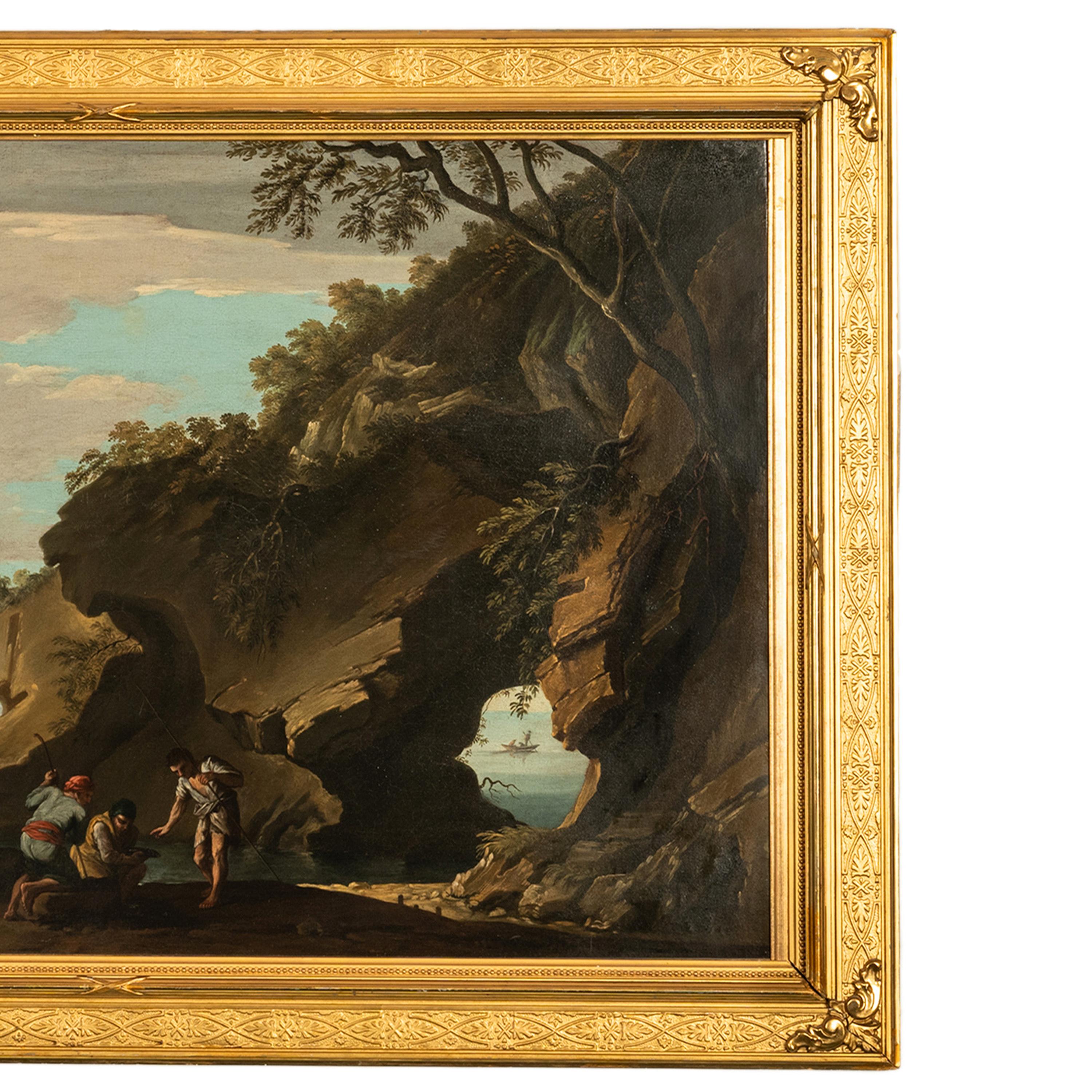 Óleo sobre lienzo italiano barroco del siglo XVII Paisaje costero Pescadores - Figurative Painting Marrón de Salvator Rosa