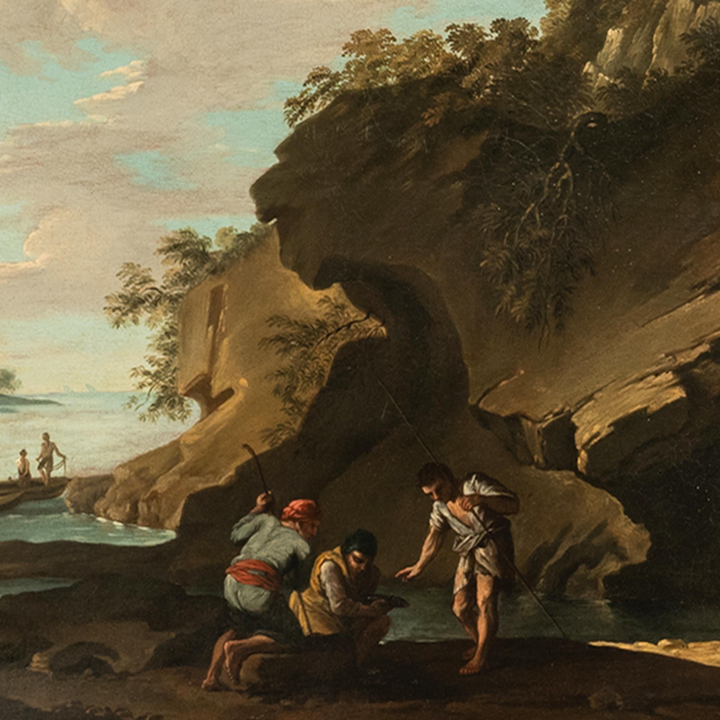 Pintura barroca italiana al óleo sobre lienzo del siglo XVII, atribuida a Salvator Rosa (1615-1673), escena de paisaje costero con pescadores, hacia 1650.
El cuadro representa una costa rocosa rodeada de árboles y pescadores en primer plano con sus