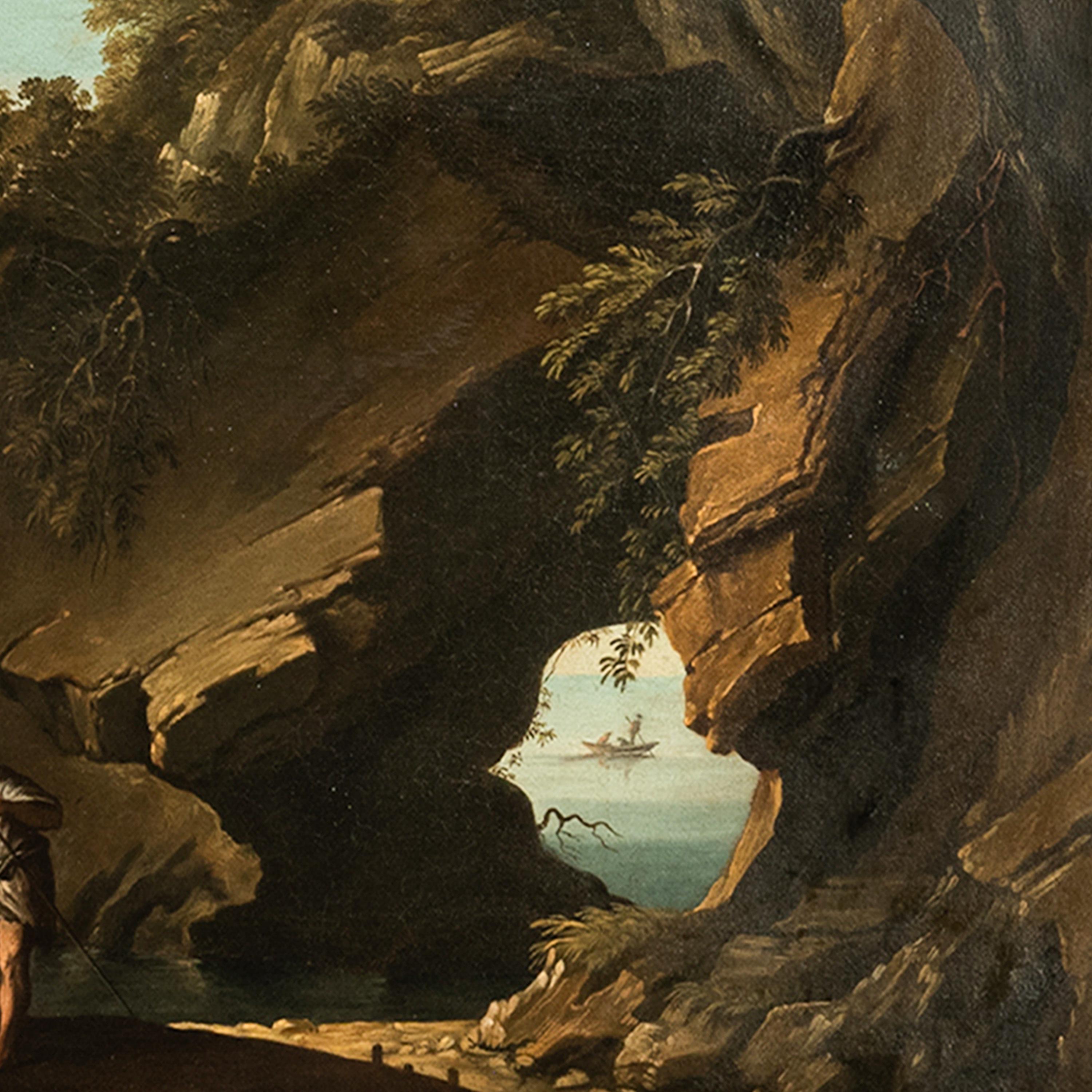 Óleo sobre lienzo italiano barroco del siglo XVII Paisaje costero Pescadores en venta 1