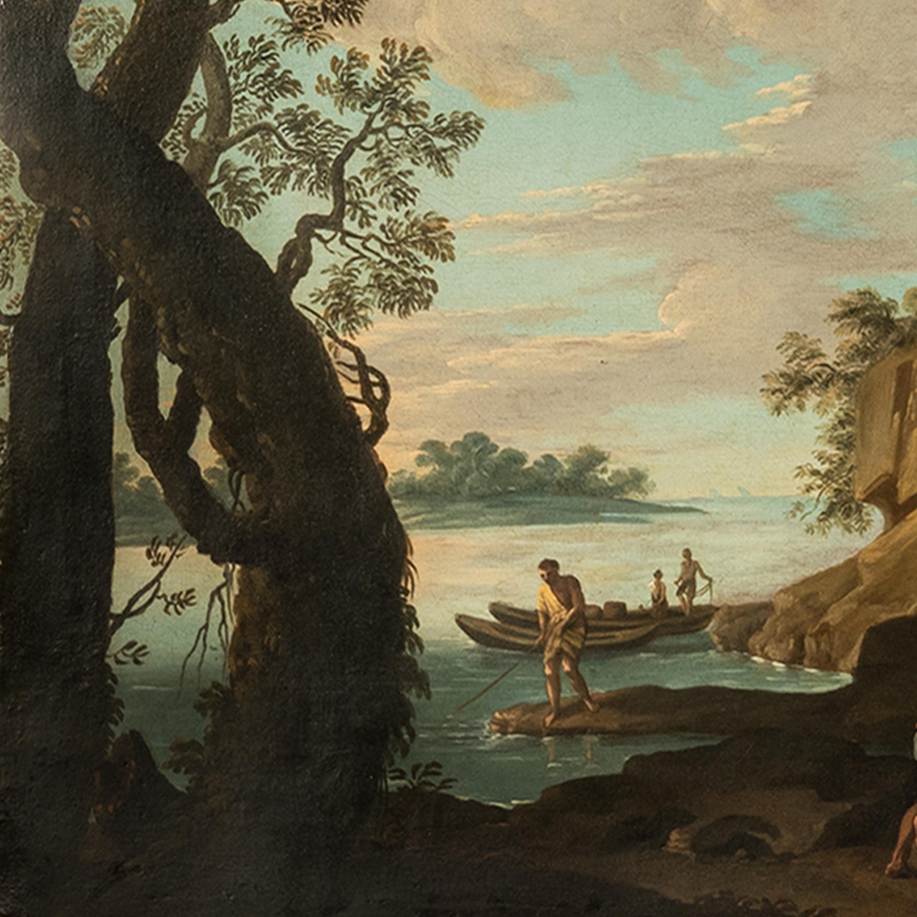 Óleo sobre lienzo italiano barroco del siglo XVII Paisaje costero Pescadores en venta 2