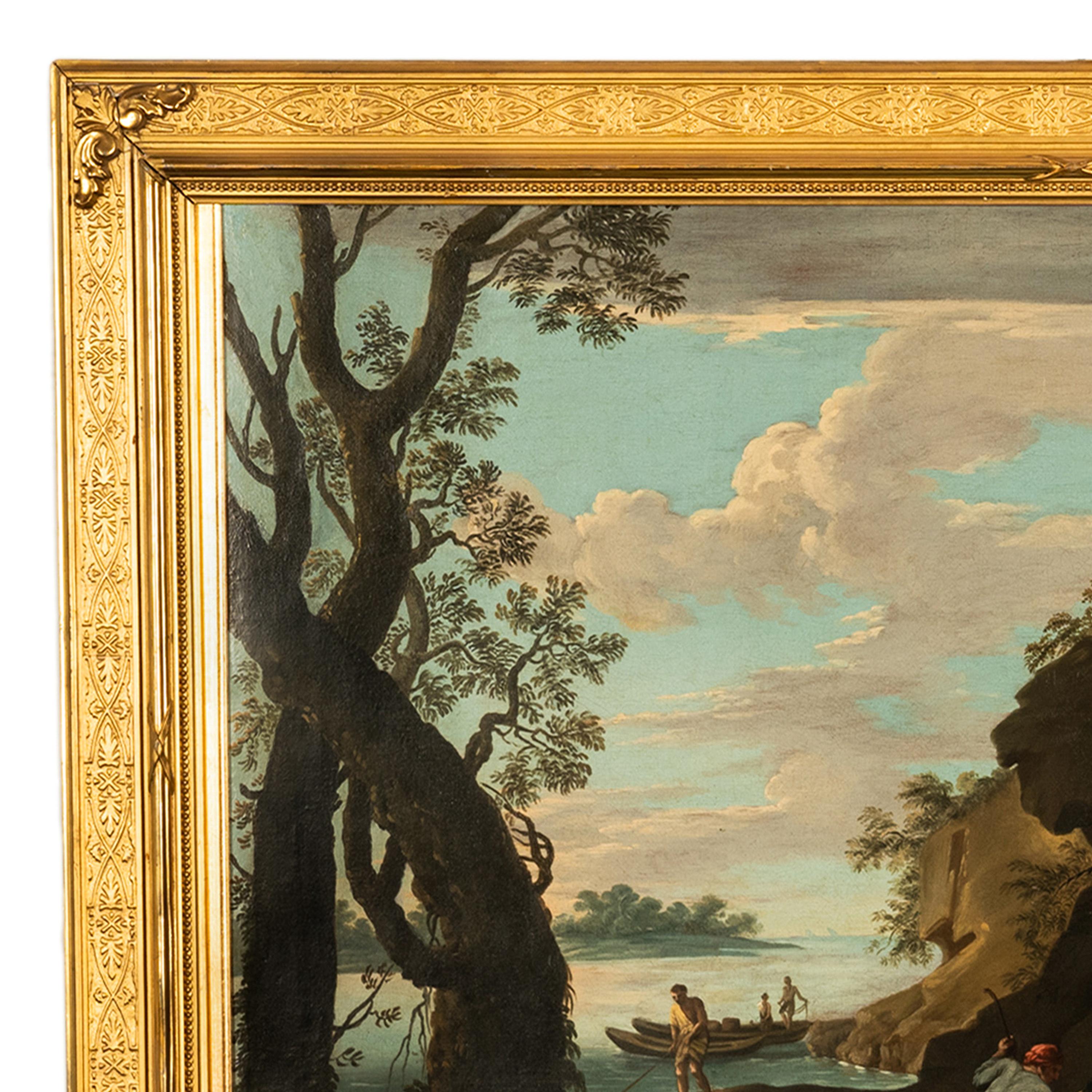 Óleo sobre lienzo italiano barroco del siglo XVII Paisaje costero Pescadores en venta 3