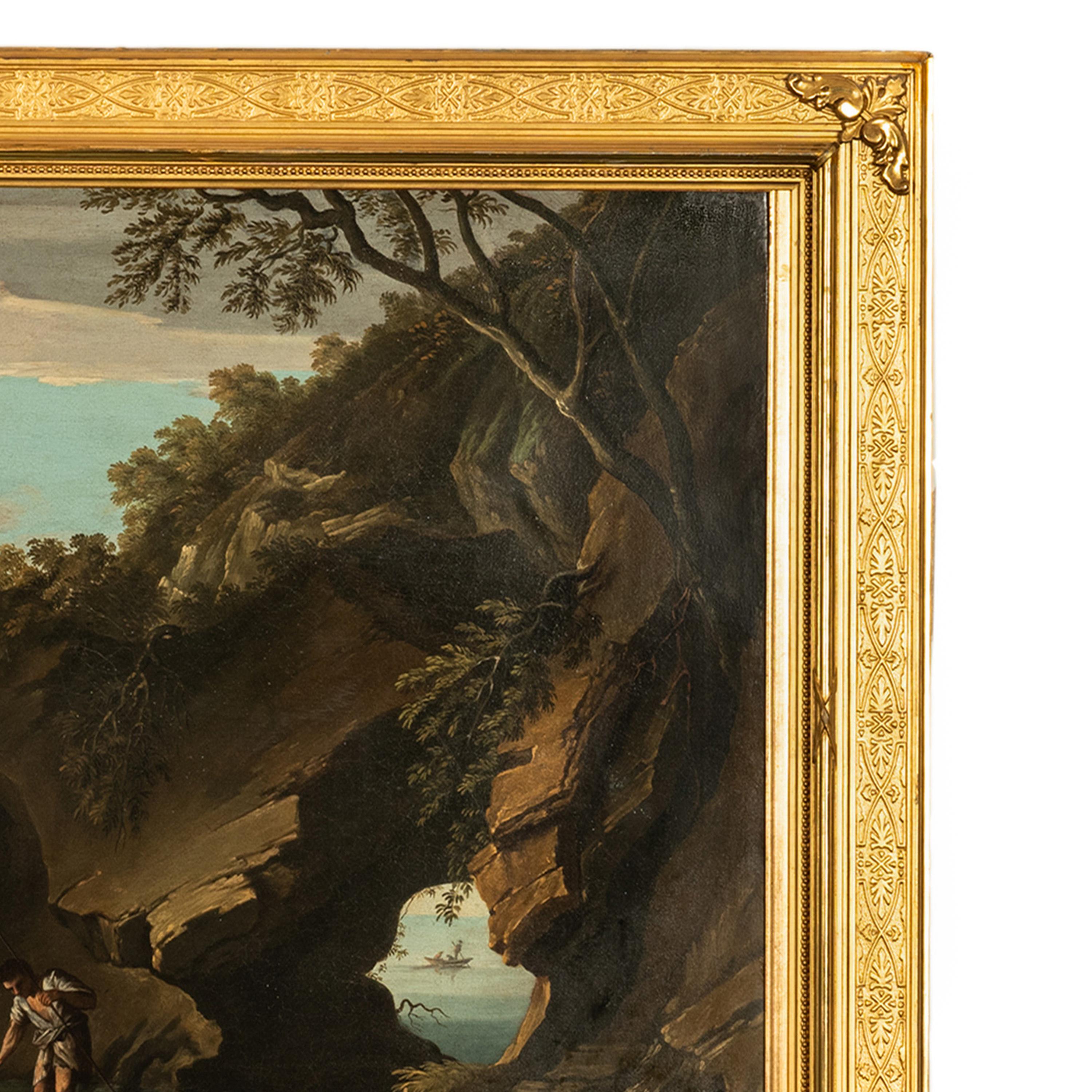 Óleo sobre lienzo italiano barroco del siglo XVII Paisaje costero Pescadores en venta 4