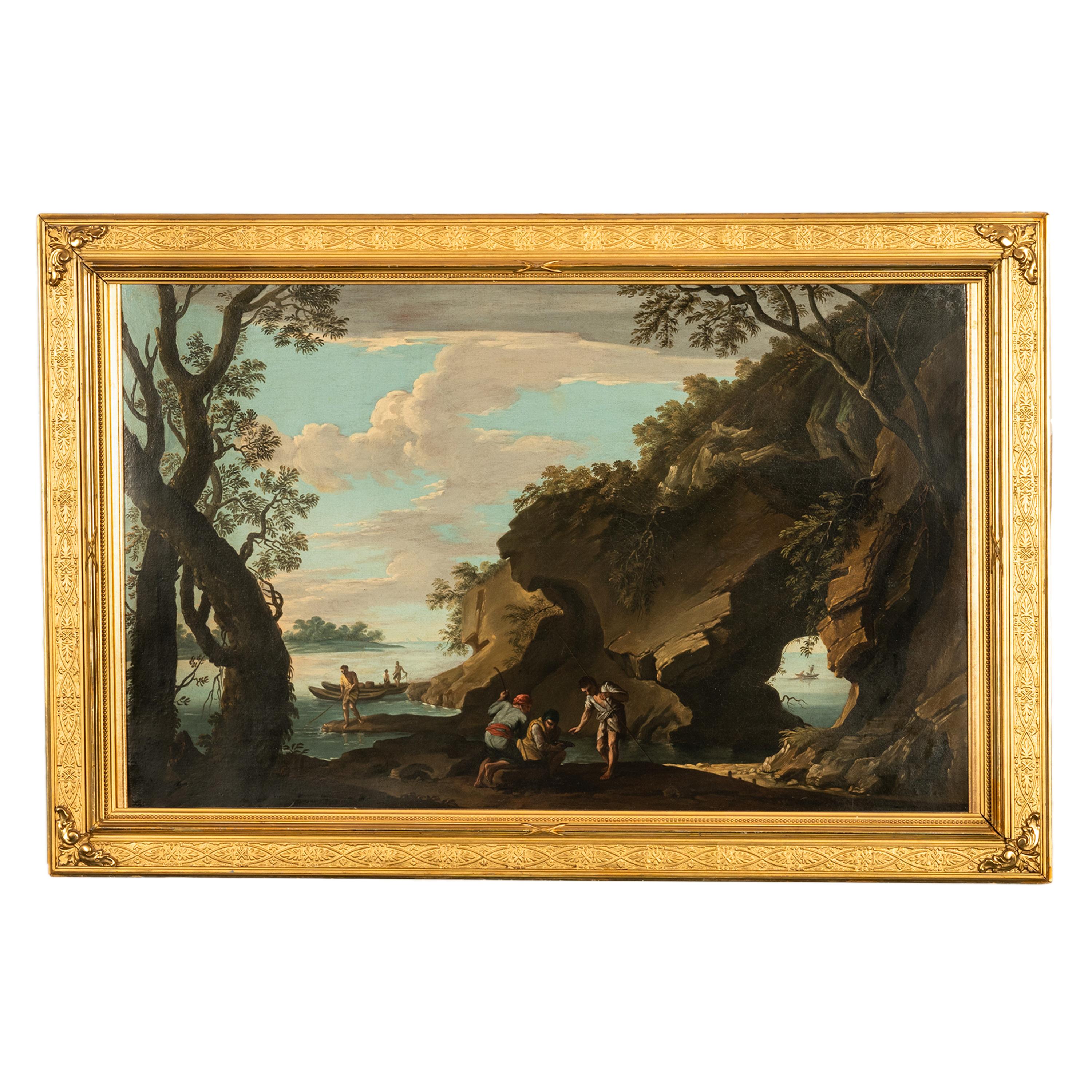 Pittura barocca del XVII secolo su tela con paesaggio costiero e pescatori
