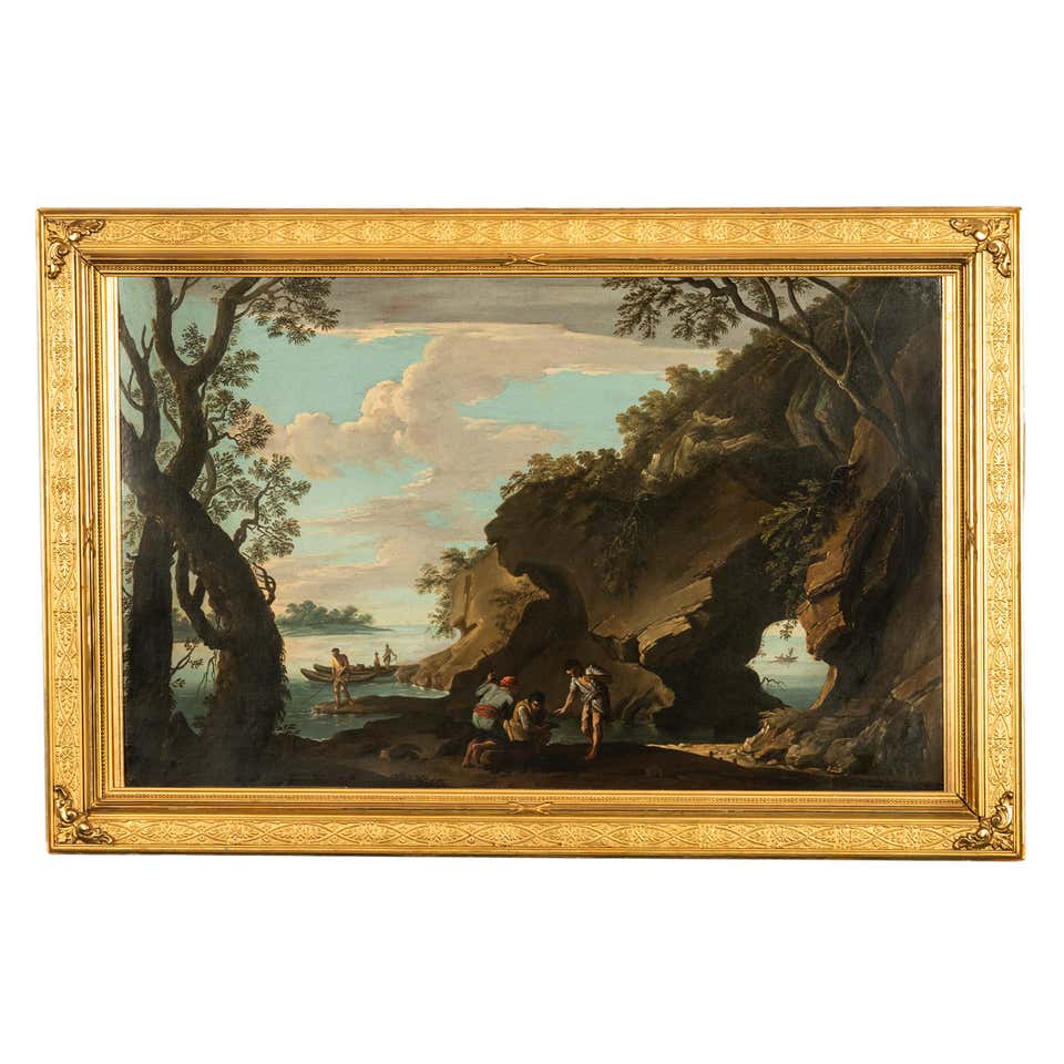 Italian 17th Century Baroque Oil on Canvas Painting Coastal Landscape Fishermen